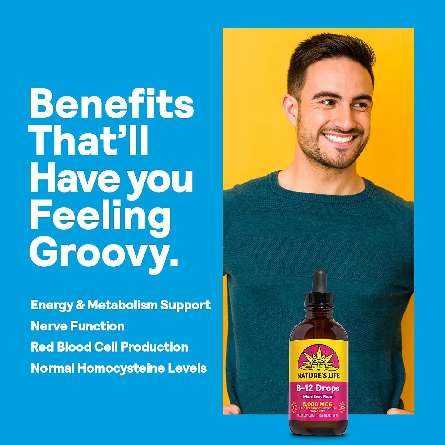 Nature's Life B12 Drops 5000 mcg - Vitamin B12 Methylcobalamin - Liquid B12 Supplement for Energy Metabolism, Nerve Function and Red Blood Cell Support Natural Mixed Berry, Sugar Free (200 Serv, 4oz)