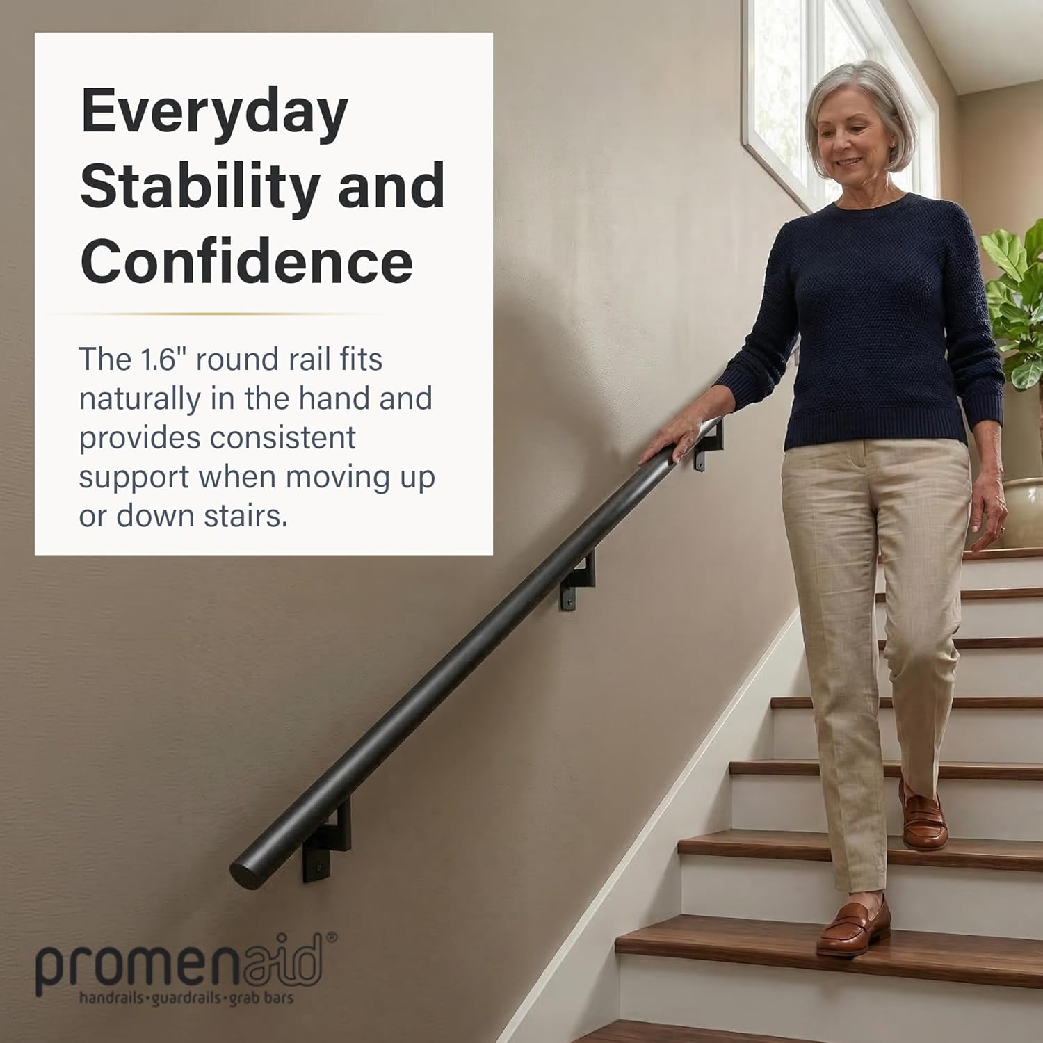 Promenaid Silver 3ft Flush Handrail Kit - Complete Indoor/Outdoor Stair Handrail - Modern 1.6" Round Satin-Anodized Aluminum Railing with 2 Silver
