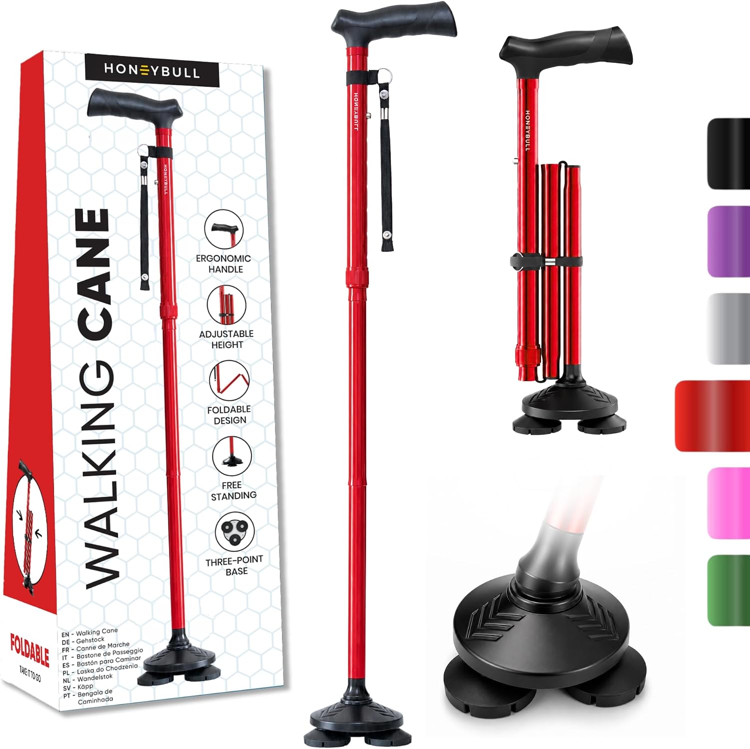 HONEYBULL Walking Cane for Men & Women, Foldable Free Standing Cane | Adjustable height, collapsible design, heavy-duty, pivot base for stable support, ergonomic handle