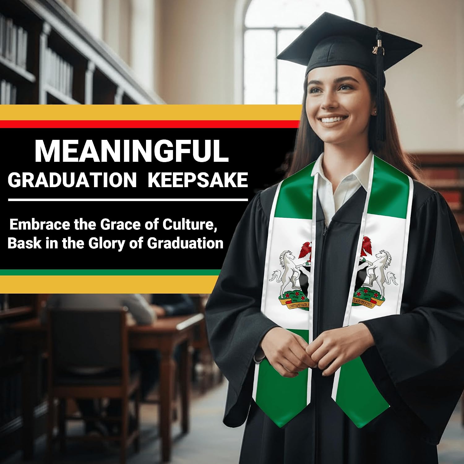 YOXEULL National Flag Embroidered Graduation Stole with Trim, Graduation Sash Graduates Gift, 72"
