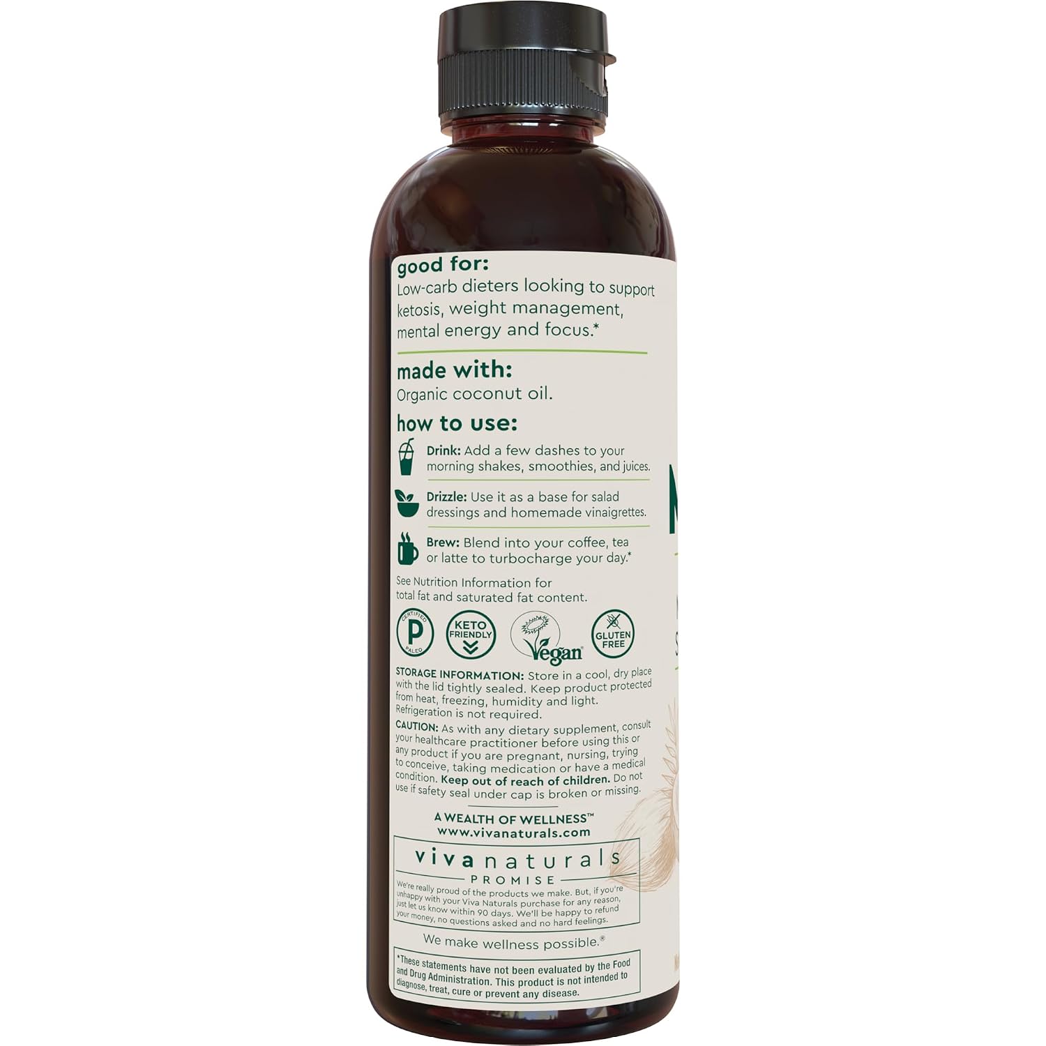 Viva Naturals Organic MCT Oil, 32 fl oz – MCT Oil for Coffee, USDA Organic, Non-GMO, Paleo Certified & Keto Friendly, Supports Energy & Mental Clarity