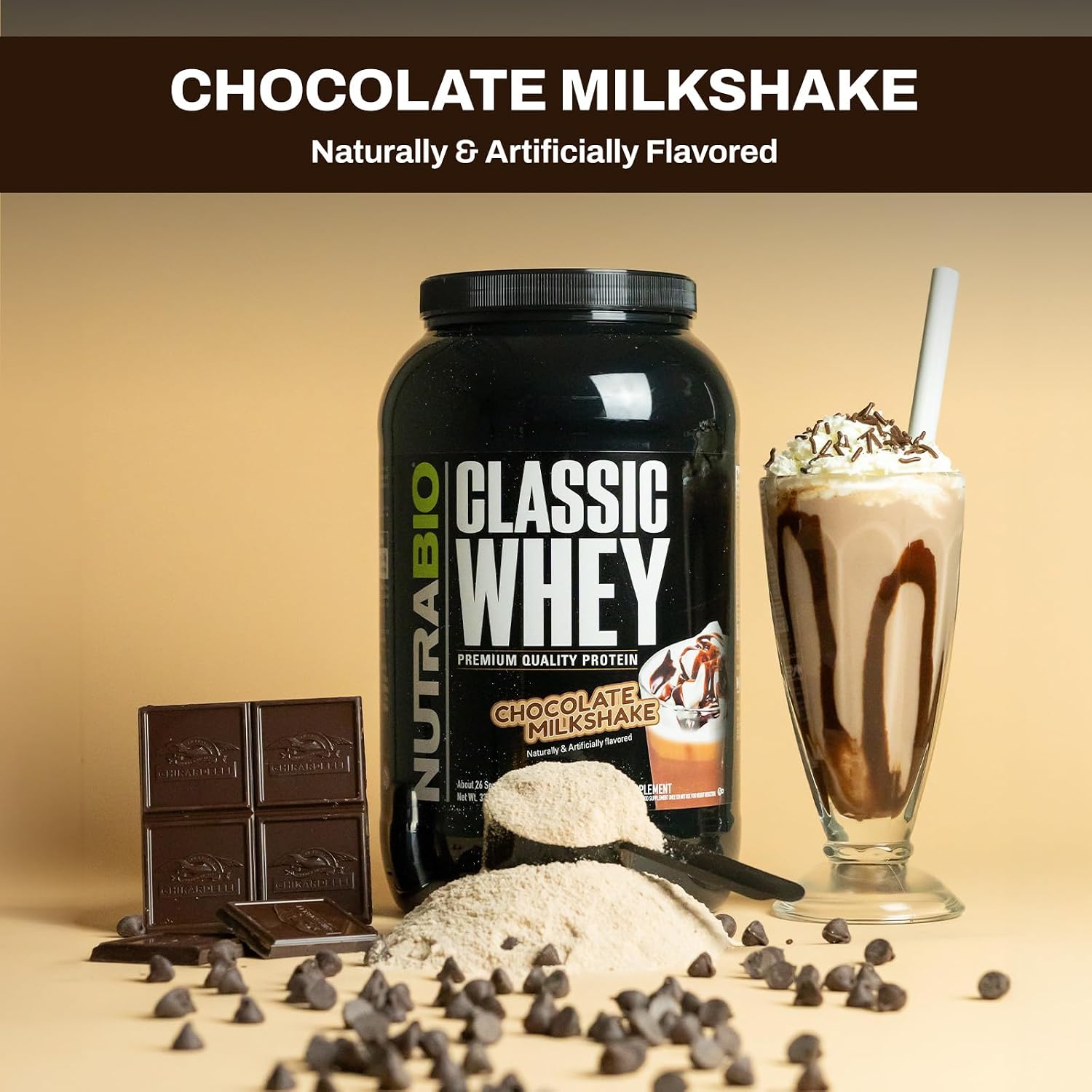 NutraBio Classic Whey Protein Powder- 25G of Protein Per Scoop - No Fillers, Artificial Colors, Preservatives - Chocolate Milkshake, 2 Pounds
