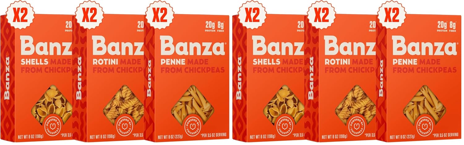 Banza Gluten-Free Chickpea Pasta, Variety Pack 20g Protein | Lower Carb | High Fiber | High Protein | Plant Based Pasta | 8oz (Pack of 6)
