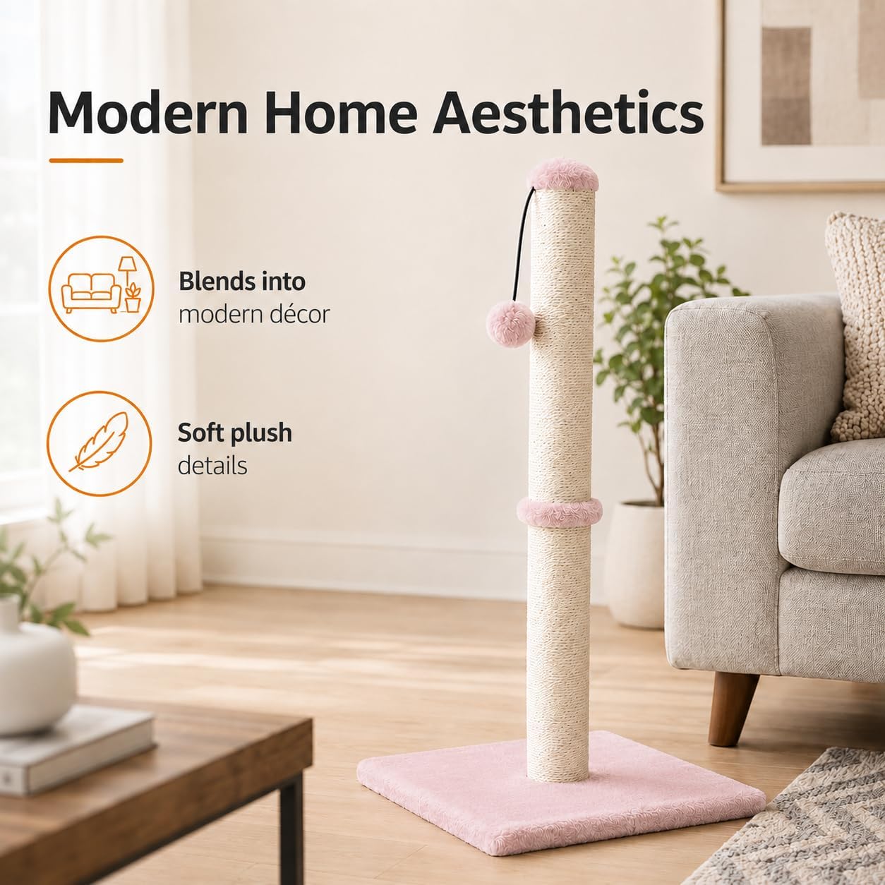 Dimaka 29" Height Tall Cat Scratching Post, Claw Scratcher with Sisal Rope and Covered with Soft Smooth Plush, Vertical Scratch [Full Strectch] for Standard Size Cats(Grey, 29 inches for All Cats)