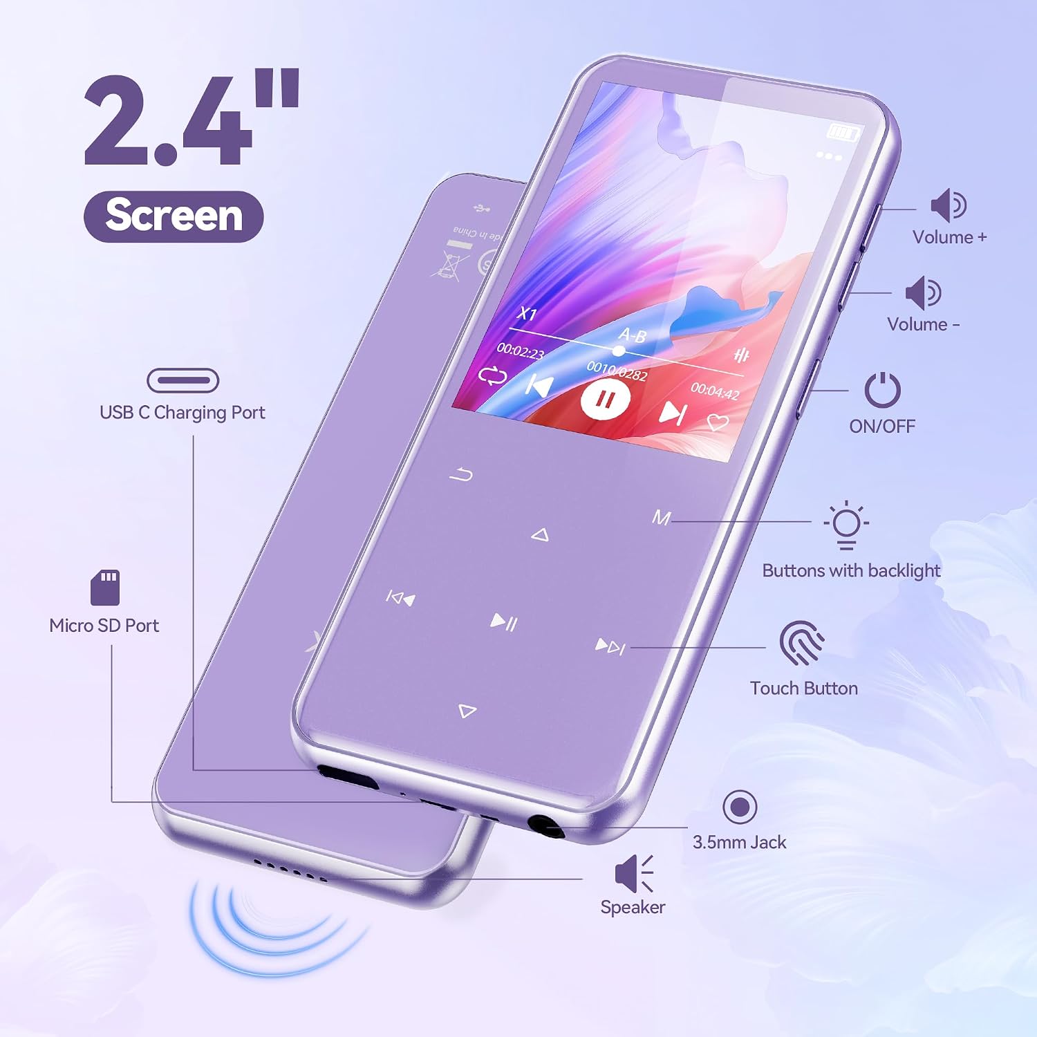 AGPTEK 64GB MP3 Player with Bluetooth, M3 2.4'' Player with Speaker | with FM Radio, Touch Buttons, Supports Up to 128GB(Purple)