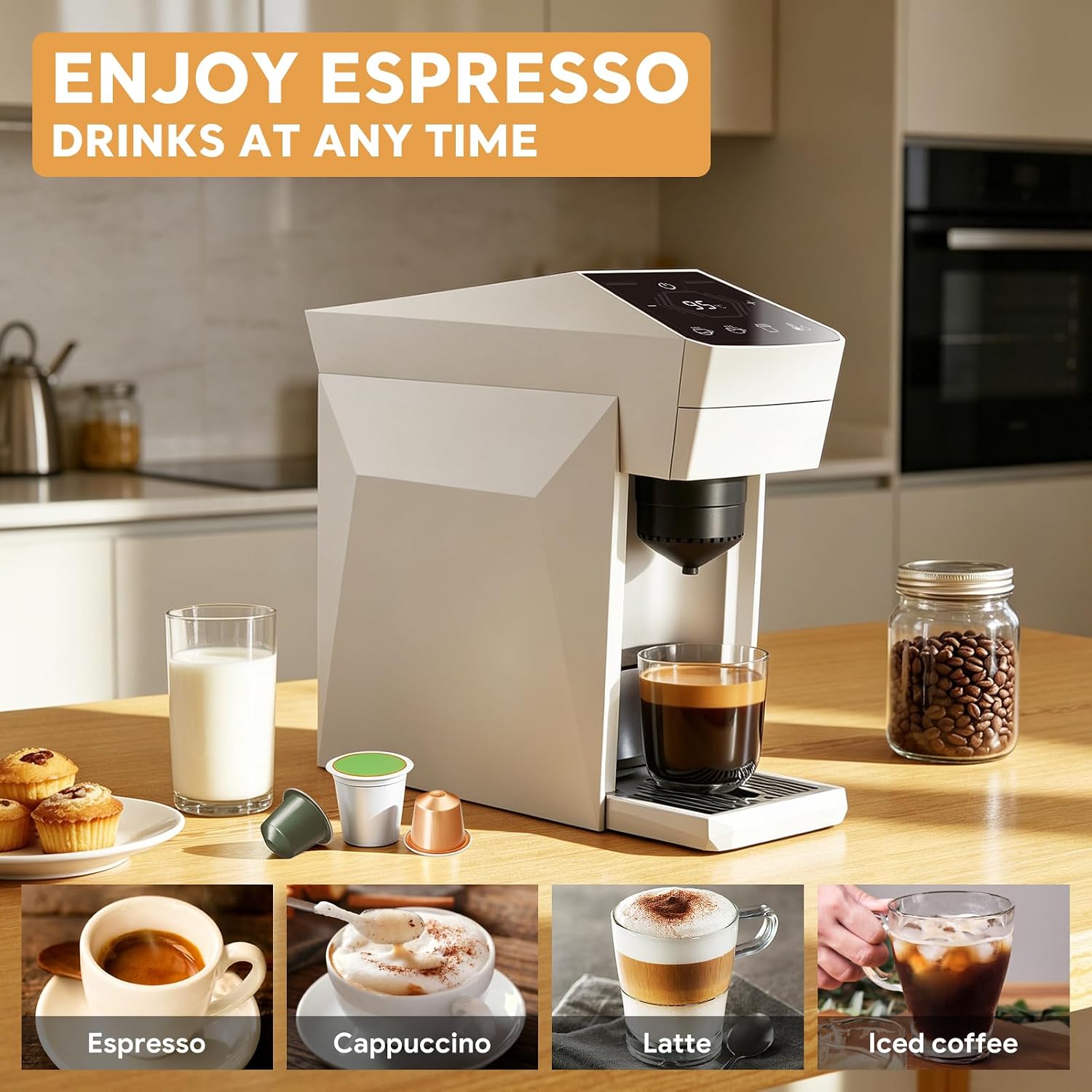 Max Espresso Coffee Maker for K-Cup, Espresso Machine for Nespresso Original Coffee Pods, Ground Coffee, Machine for Cappuccino & Latte