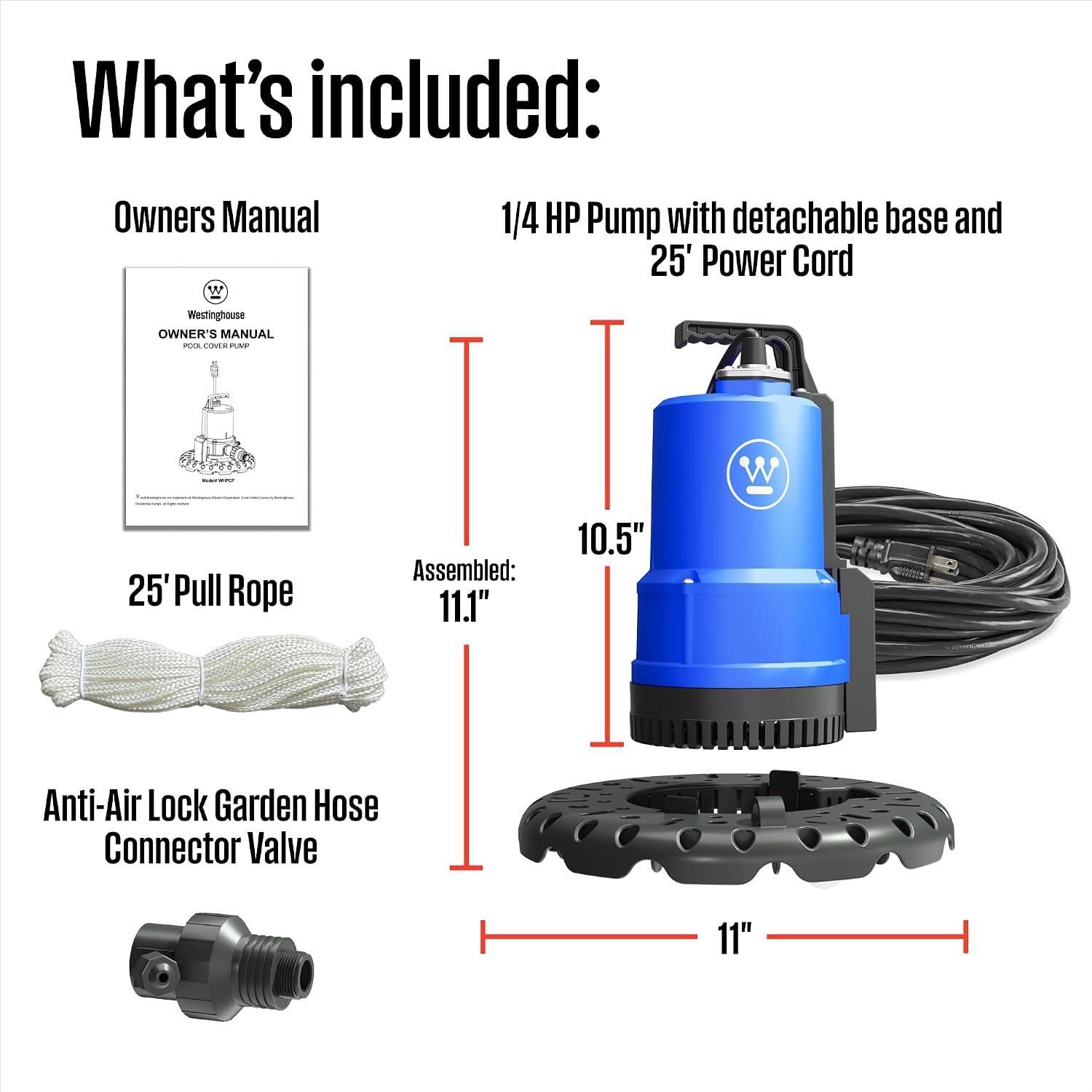 Westinghouse - 1/4 HP Pool Cover Pump, Automatic Submersible Pump with 25ft Power Cord, 1800 GPH Water Removal for Pool, Hot Tubs