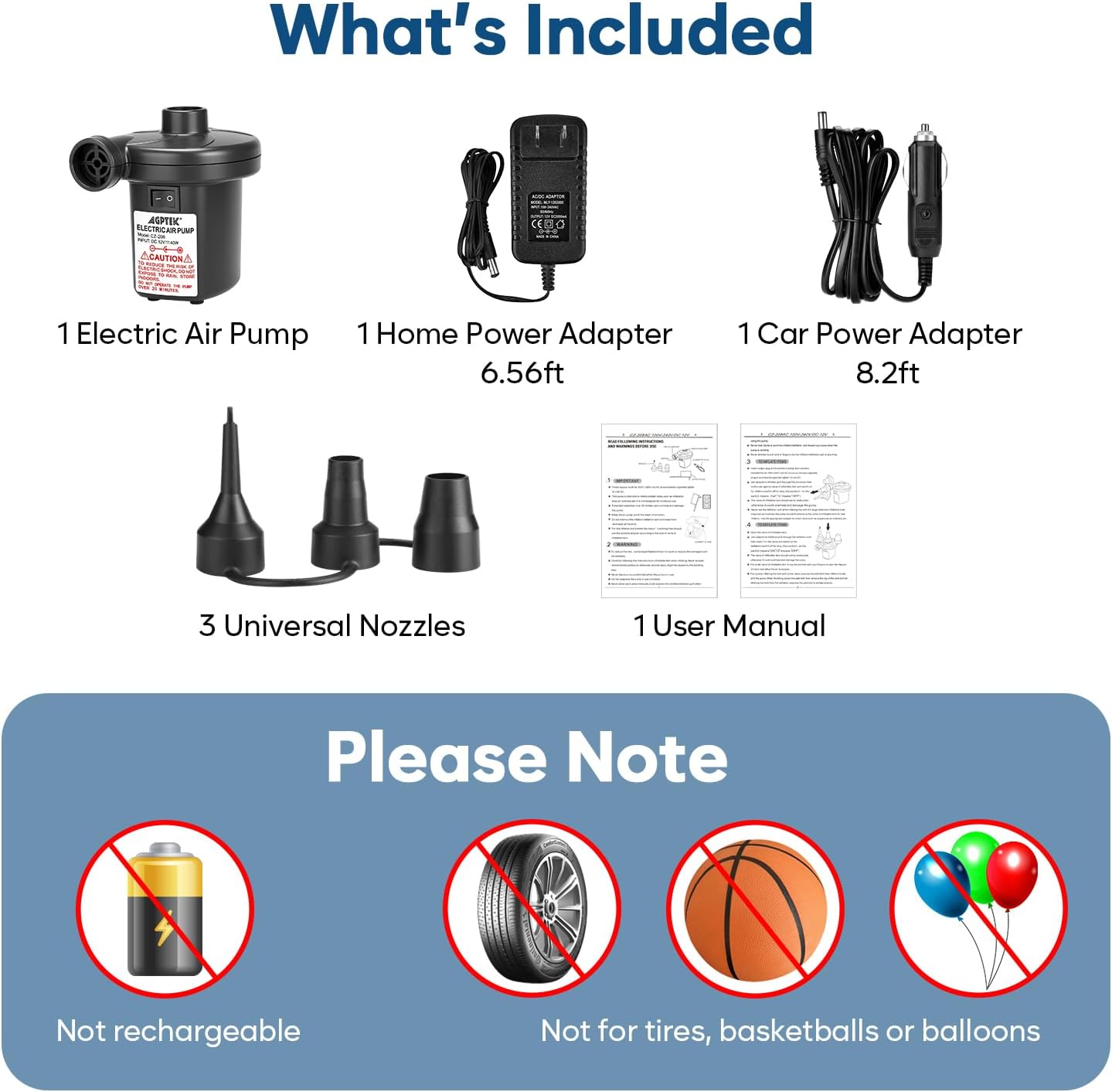 AGPTEK Electric Air Pump for Inflatables, 110V AC &12V DC Inflator Deflator | 4.5kPa Quick-Fill, 3 Nozzles, Portable Air Pumps for Outdoor Camping