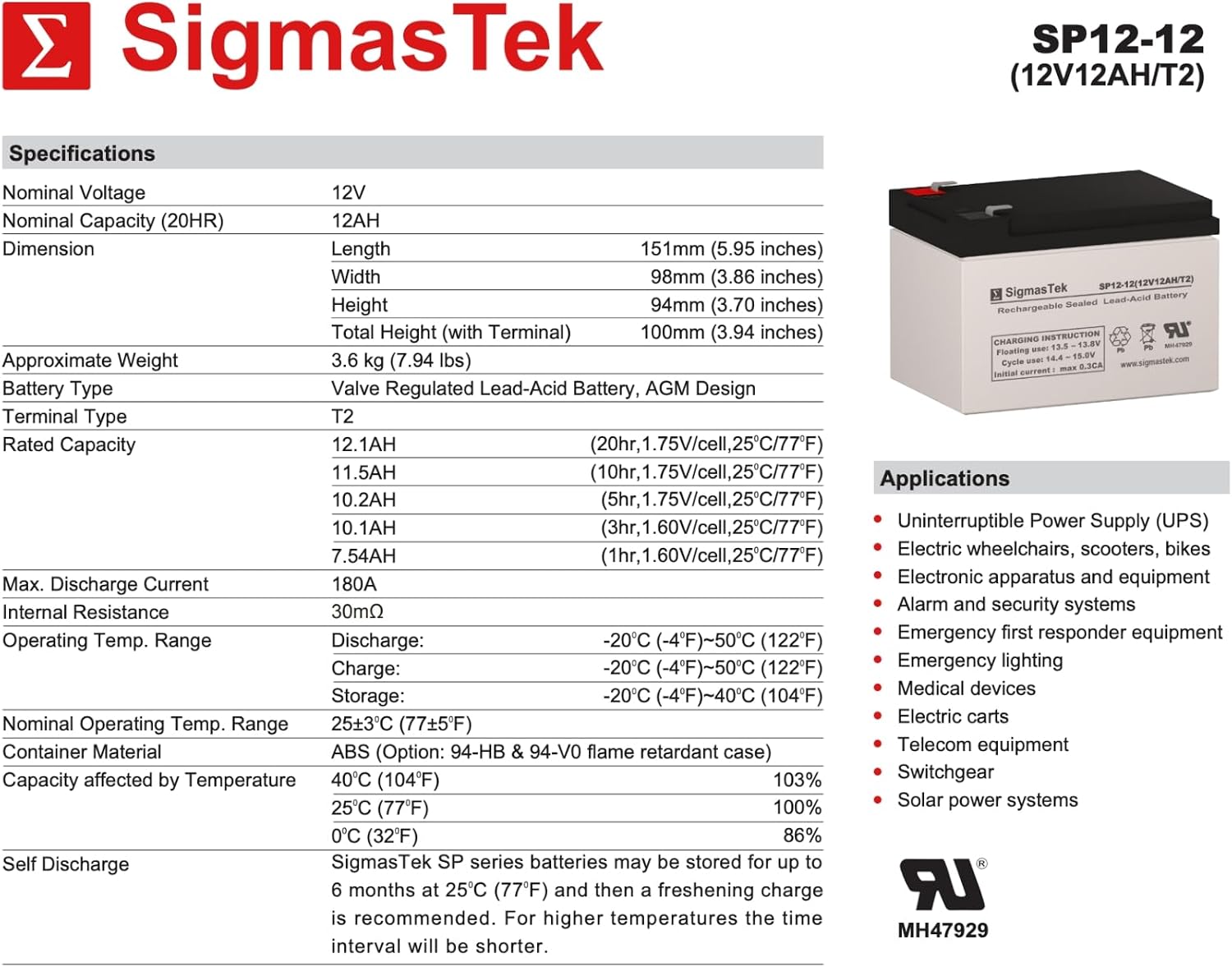 SigmasTek Pride Go-Go Scooter 12 Volt 12 AmpH Replacement Battery Pack Set of 2
