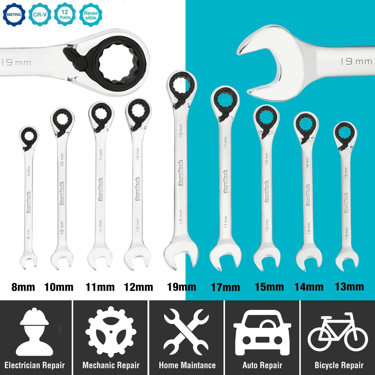 DURATECH Reversible Ratcheting Combination Wrench Set, SAE, 9-Piece