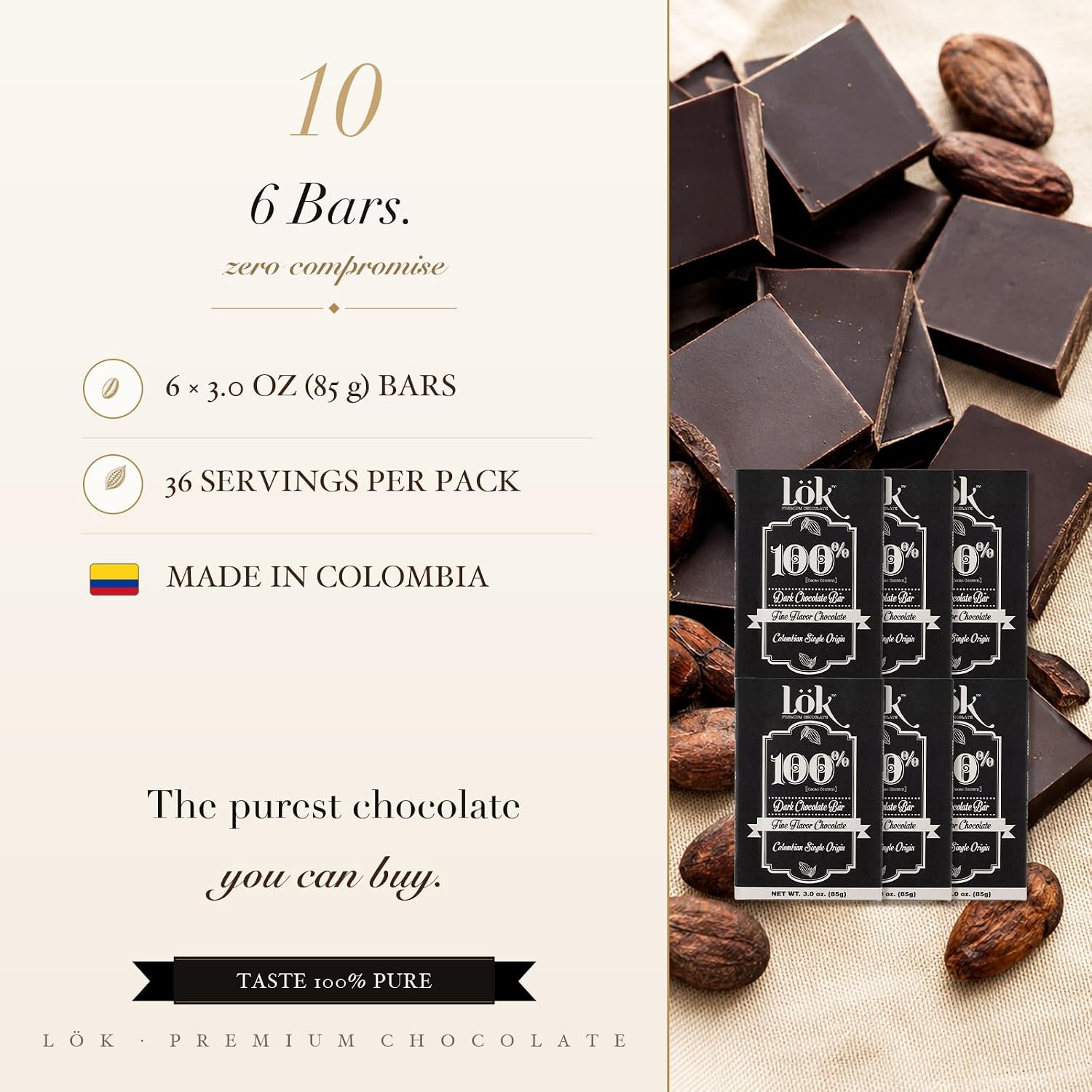 Lök Foods Dark Chocolate Bar 100% Cacao | Fair Trade, Kosher, Gluten Free, Vegan, Bean-to-Bar, Sugar-Free, No Sugar Alcohol, No Artificial Sweetener