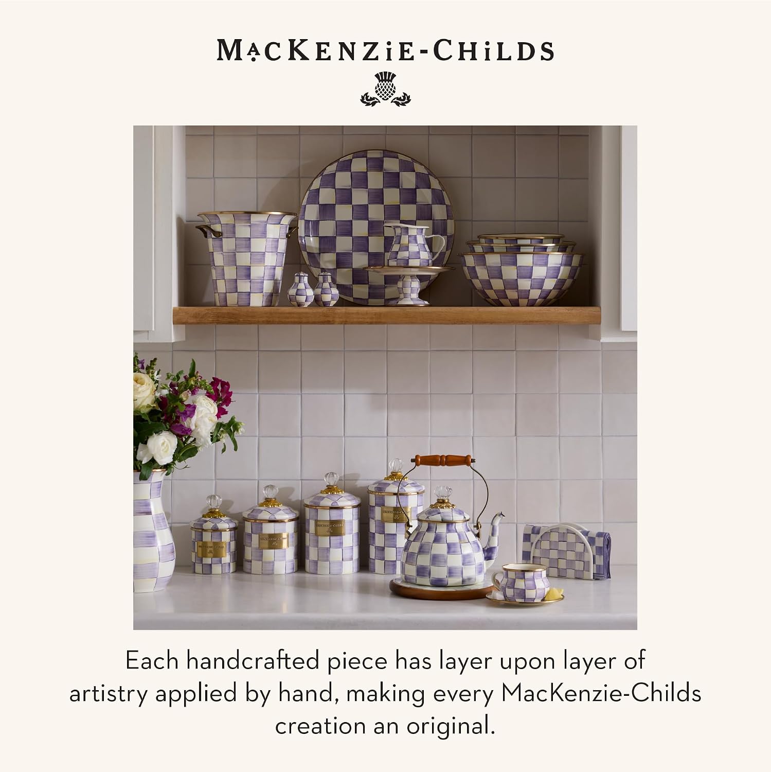 MACKENZIE-CHILDS Enamel Tumbler, Black-and-White Courtly Check | Hand-painted design, elegant drinkware with gold rim, 2.75" dia. x 4.5" H, 10-ounce capacity