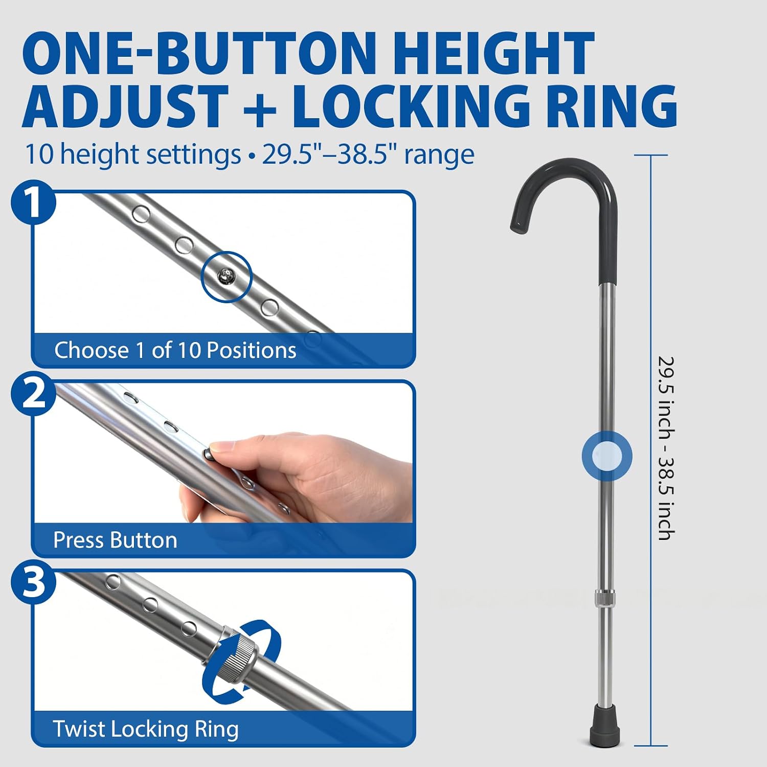 Blue Jay Adjustable Walking Cane for Men & Women - Lightweight Aluminum Walking Stick for Seniors & Elderly - Sturdy Non-Folding Cane with Ergonomic