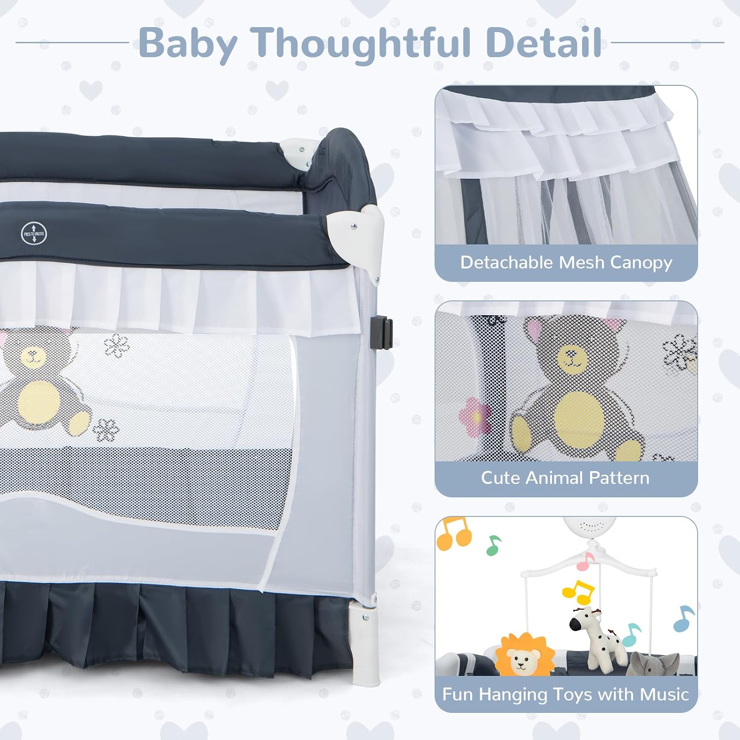 HONEY JOY 4-in-1 Pack and Play with Canopy, Portable Baby Playard w/Changing Table and Infant Bassinet Cute Toys & Music