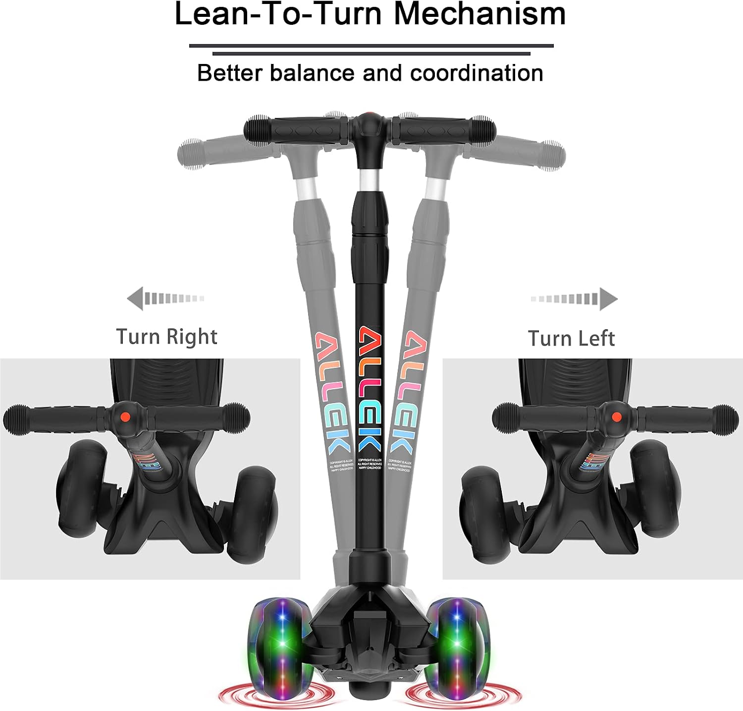 Allek Kick Scooter B03, Lean 'N Glide 3-Wheeled Push Scooter with Extra Wide PU Light-Up Wheels