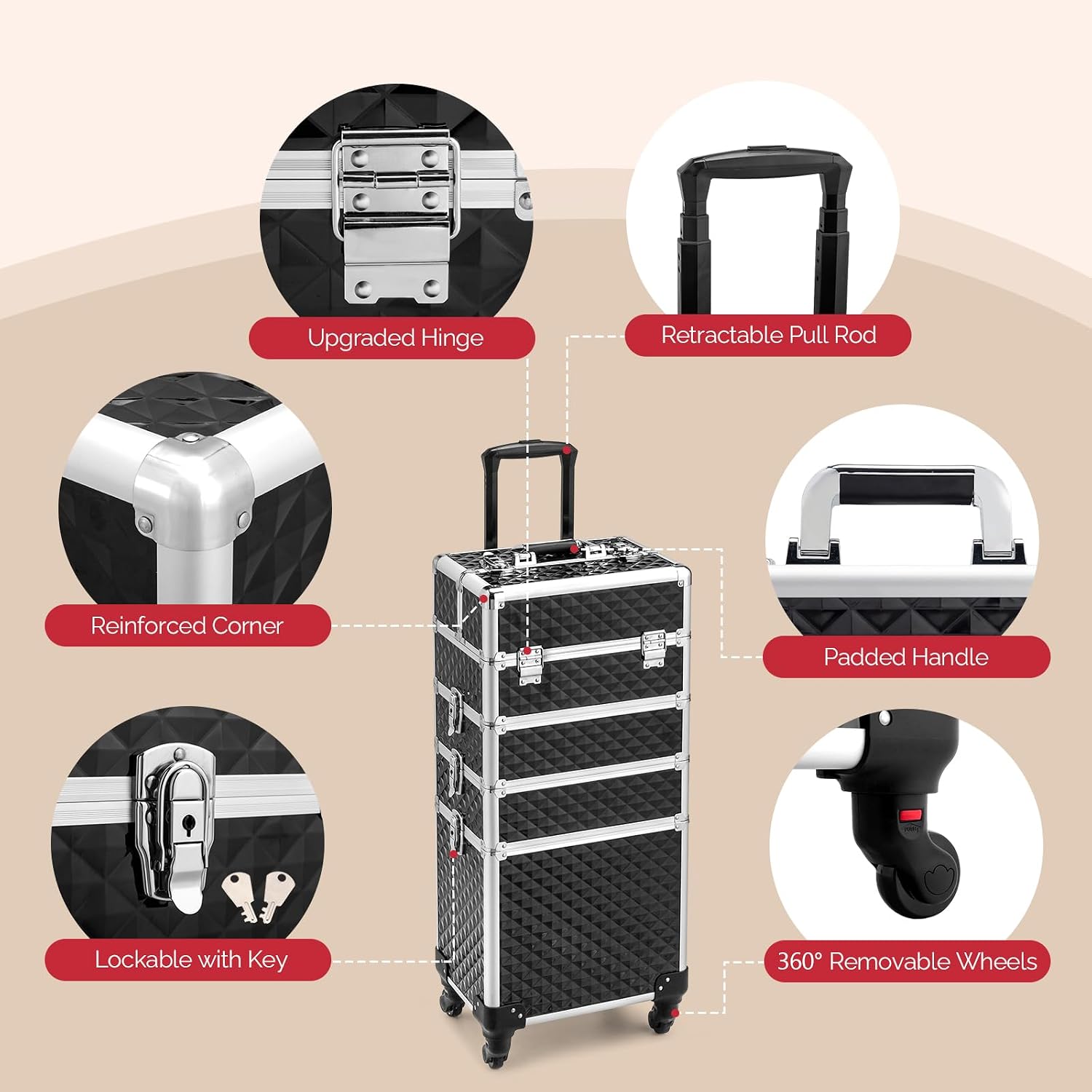 mefeir 4 in 1 Rolling Makeup Train Case, Aluminum Makeup Travel Organizer Cosmetic Case, Cosmetology Display Suitcase on Wheels, Beauty Storage Luggage Lockable w/4 Removable Wheels (Black)