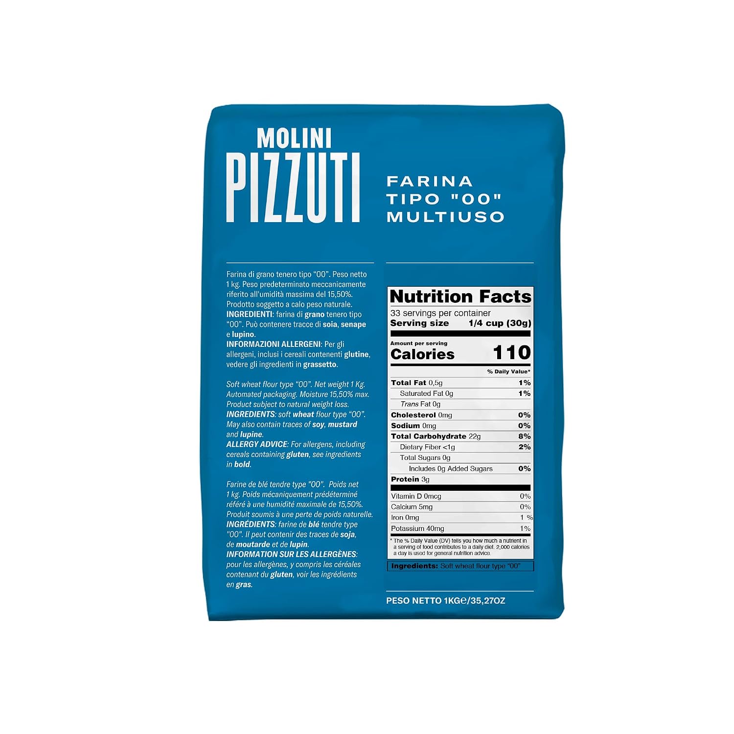 Molini Pizzuti Italian Tipo “00” Soft Wheat Flour – Ultra-Fine – All Natural for Pizza, Bread, Pasta, and Baking, 1 kg (2.2 lbs)