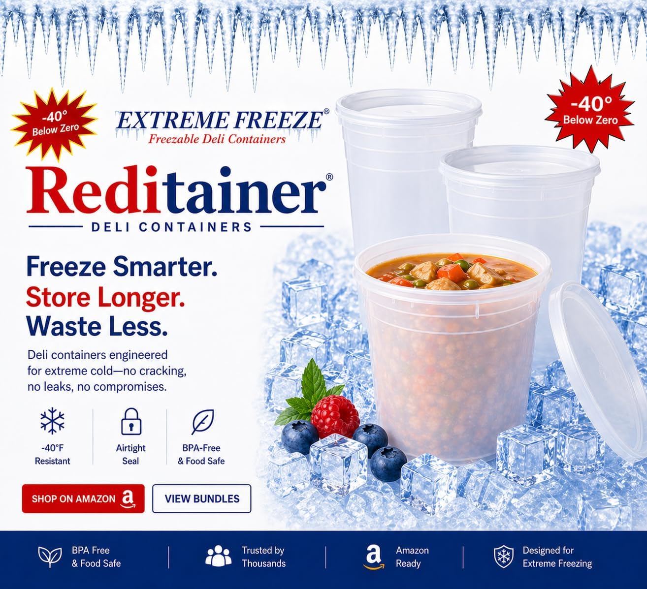 Extreme Freeze Deli Food Containers with Lids, 32-Ounce, 24-Pack