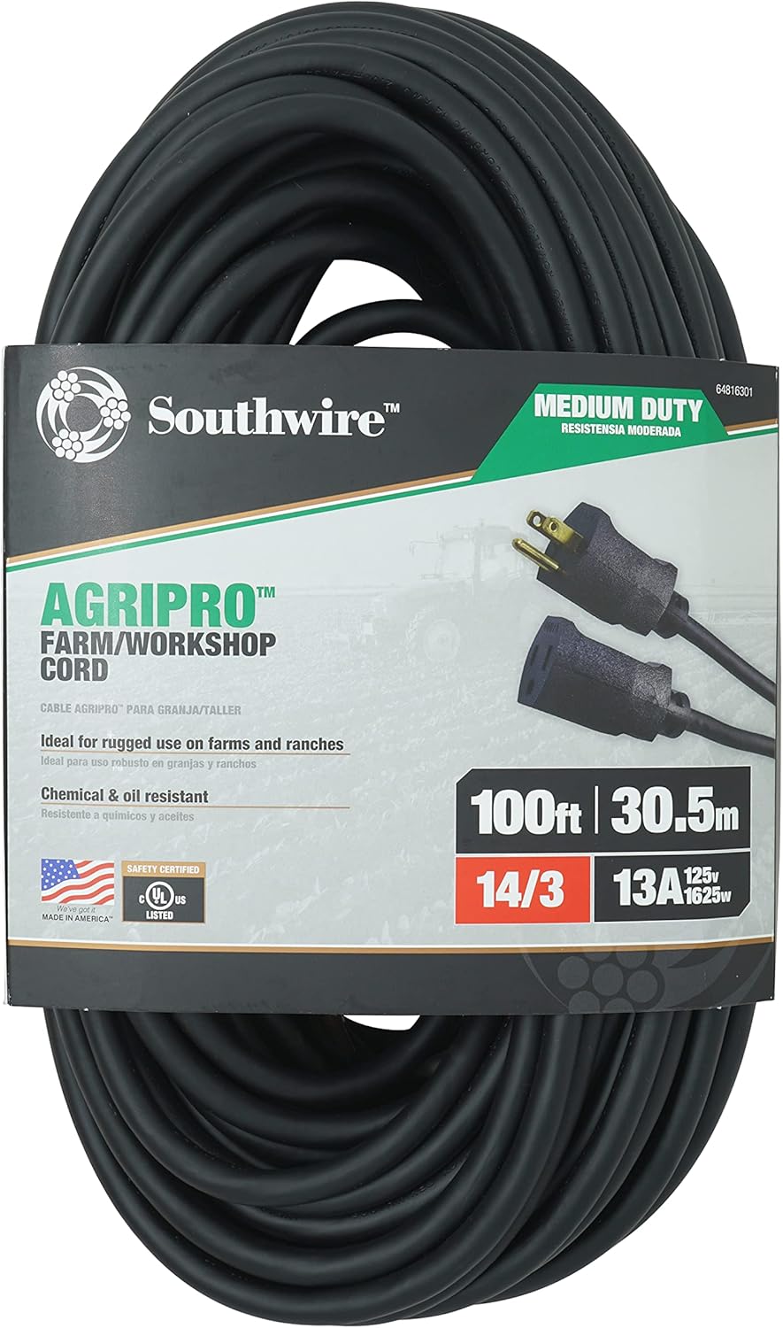 Southwire AGRIPRO 12/3 Heavy Duty Extension Cord, 25ft, Farm/Workshop Cord, SJTOW, Black, 67729001