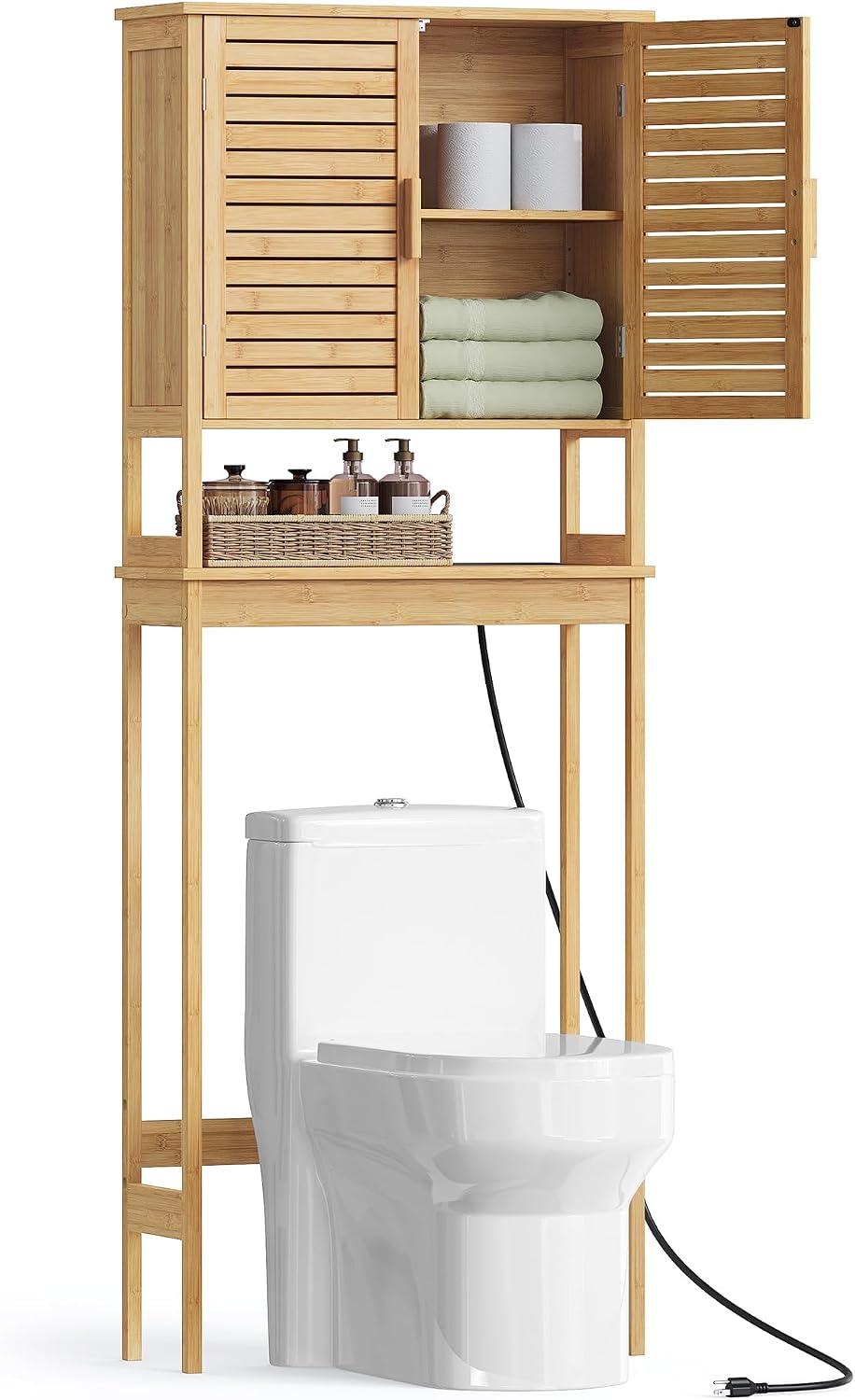 SONGMICS Bamboo Over The Toilet Storage Cabinet, Adjustable Inside Shelf