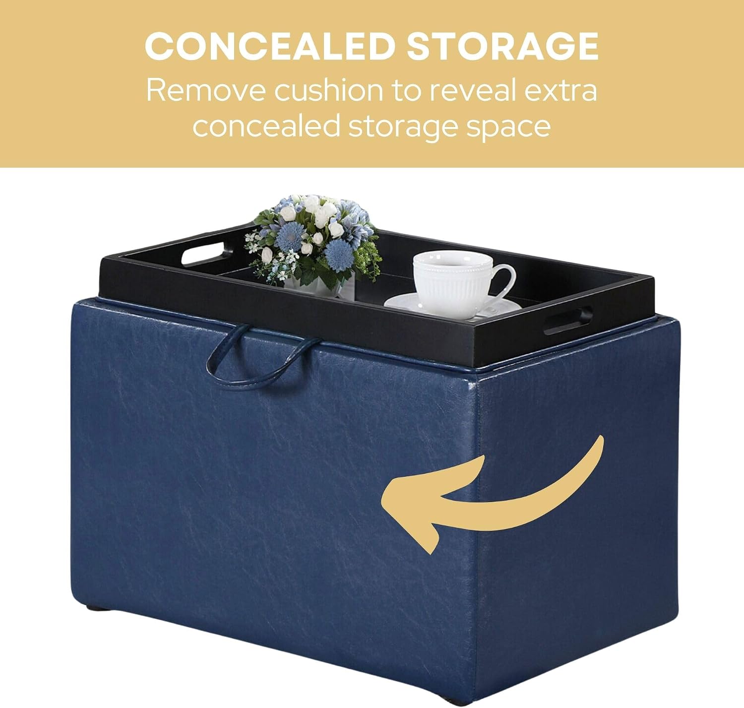 Convenience Concepts Designs4Comfort Accent Storage Ottoman 22.75" - Modern Foot Stool with Decorative Tray for Living Room, Dining Room, Office, Blue Faux Leather