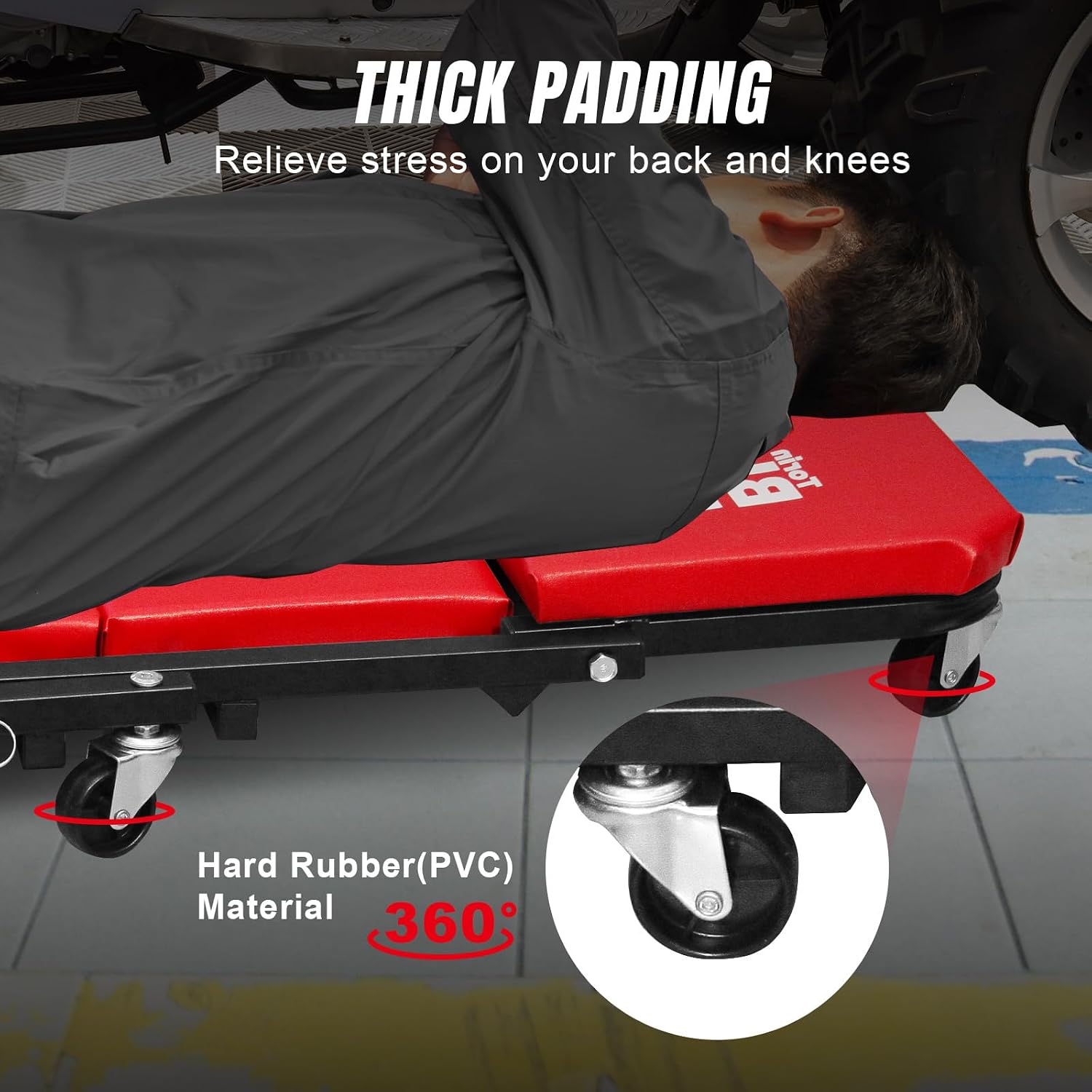 BIG RED TRP6240 Torin Blow Molded Plastic Rolling Garage/Shop Creeper: 40" Mechanic Cart with Padded Headrest, Dual Tool Trays and 6 Casters, Red