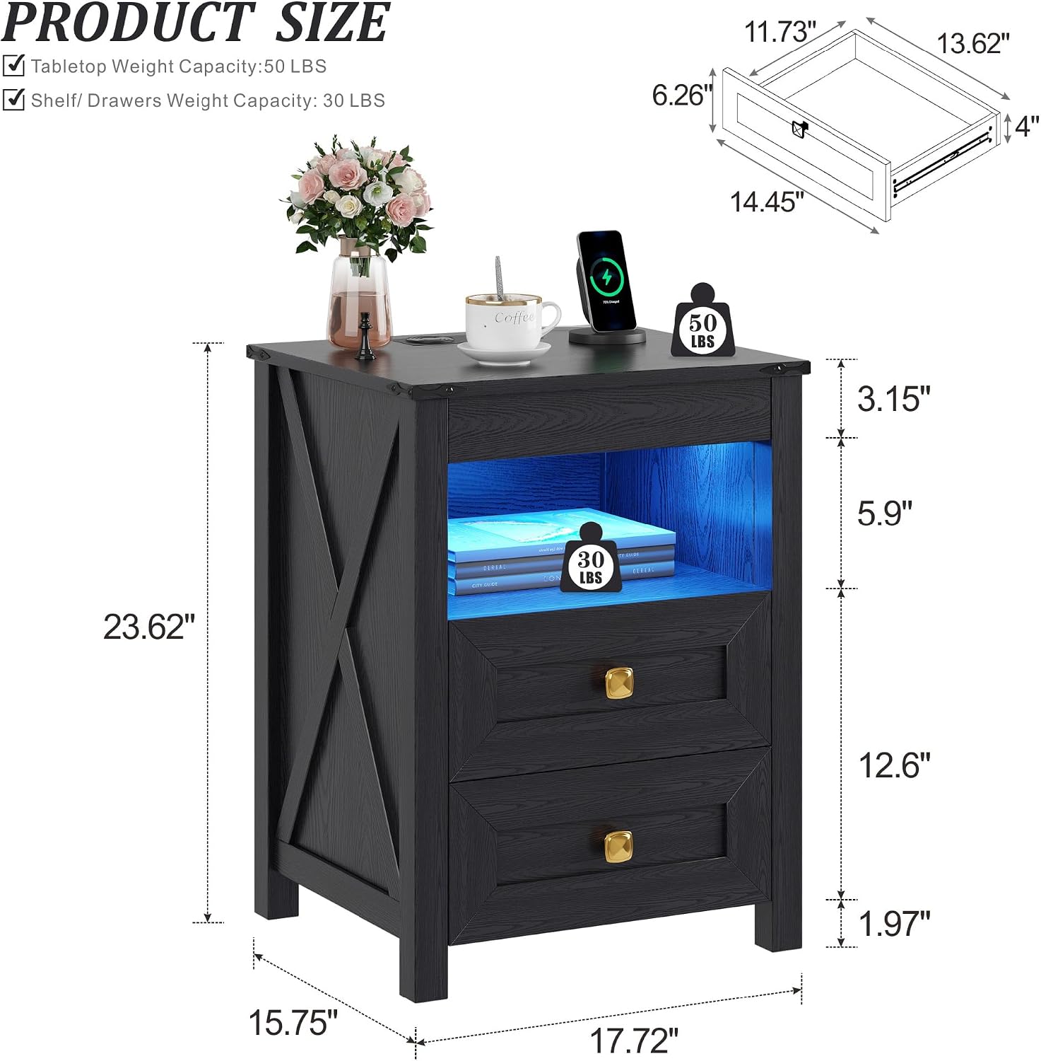 Farmhouse LED Nightstand with Gun Drawer&Invisible Lock,Modern Bedside Table with Human Sensor Design,Rustic Side Table with Wireless Charging for Living Room, Dark Oak