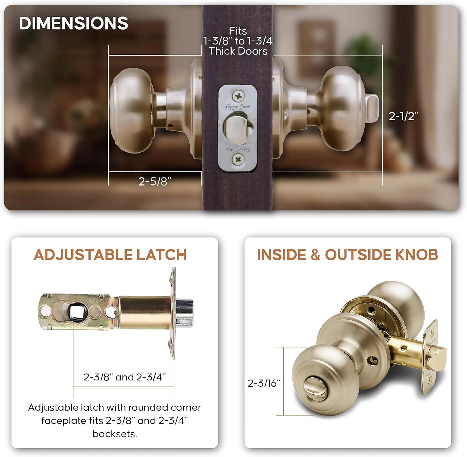 Copper Creek Colonial Privacy Interior Door Knob – ANSI Grade-3 Certified, Modern Heavy Duty Handle, Easy Install and Reversible for Bedroom, Bathroom and Closets – Satin Stainless (1 Pack)