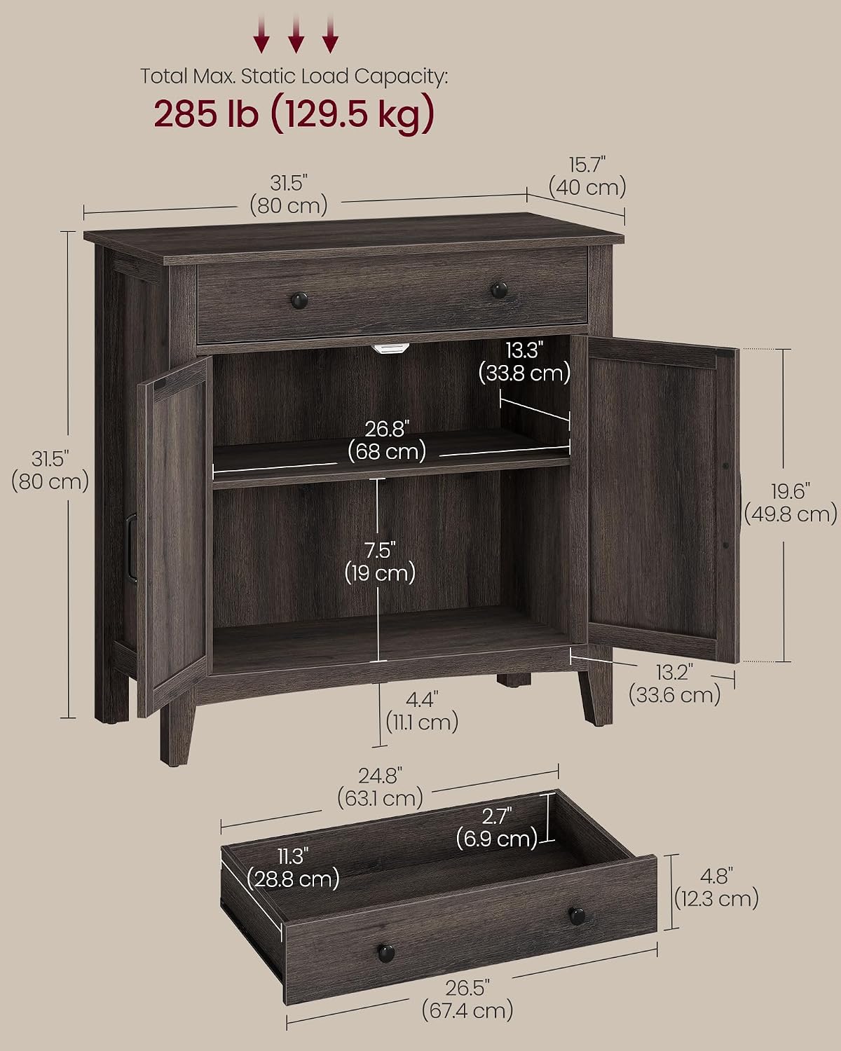 VASAGLE LIRY Collection - Storage Cabinet, Buffet Cabinet, Sideboard, Credenza, with Adjustable Shelves, for Entryway, Rustic White and Honey Brown ULSC381W01