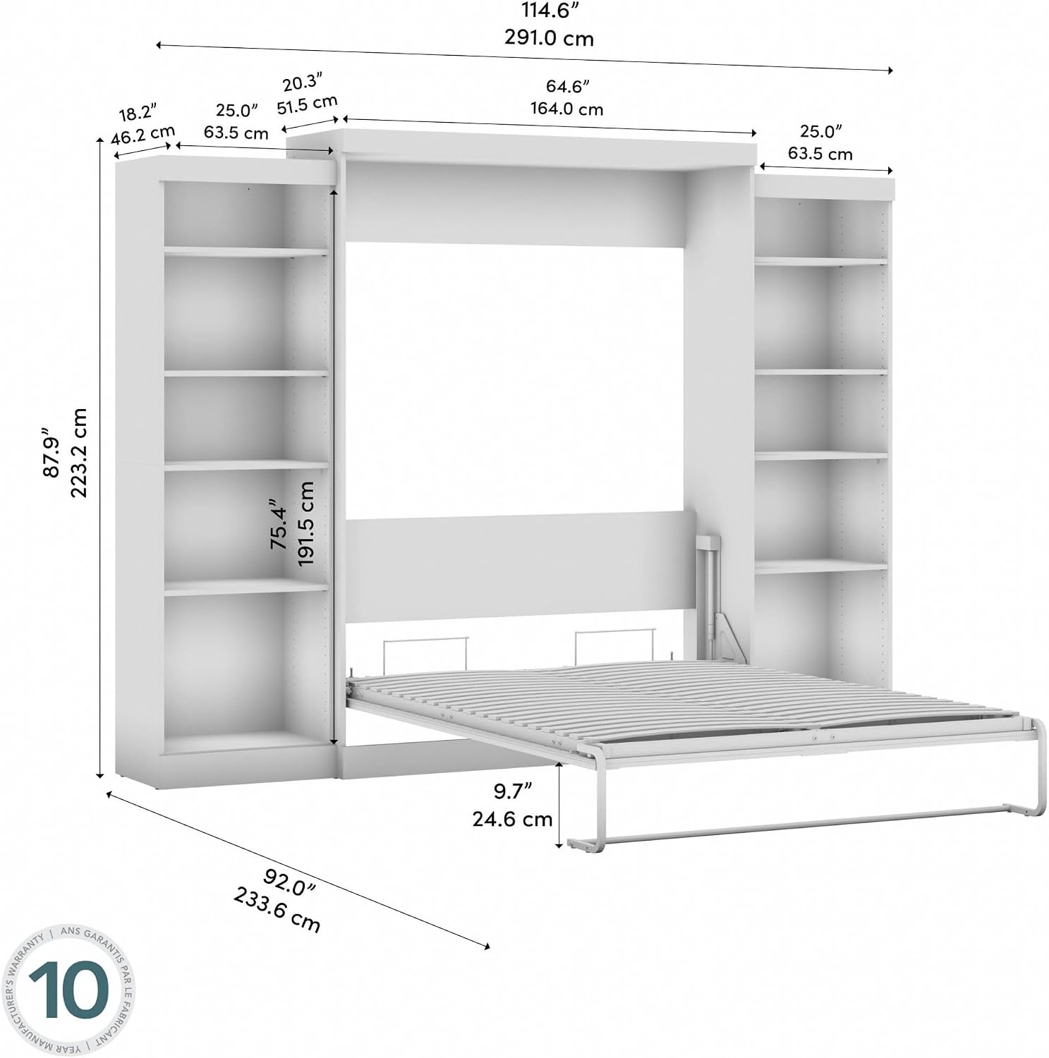 Bestar Pur Full Murphy Bed and 2 Shelving Units with Drawers, 109-inch Space-Saving Sleeping Arrangement in White | 2 Shelving Units with Drawers; supports up to 1000 lb; min. ceiling height 86.4 in.; dual piston mechanism; 10-year warranty