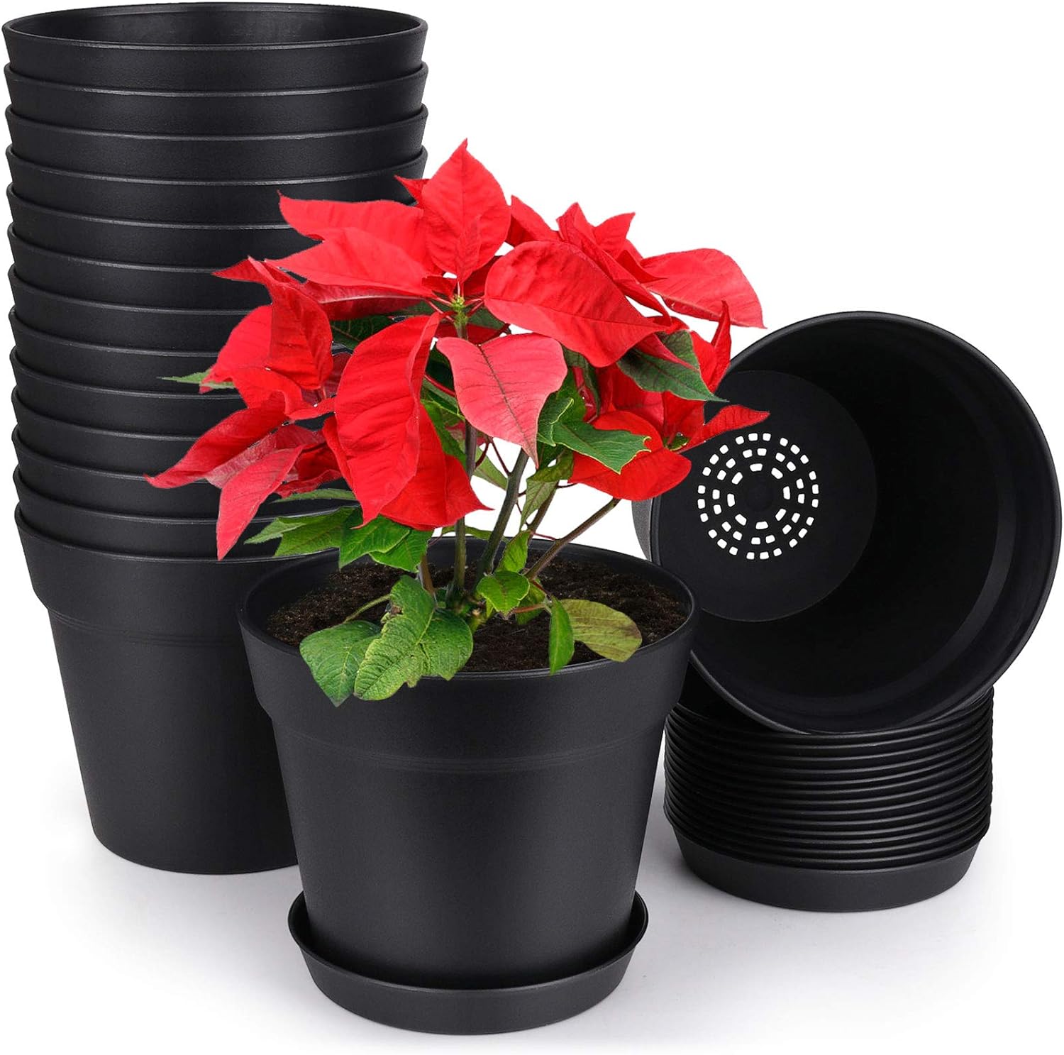 homenote 7.5 Inch Plastic Flower Pots with Drainage Holes and Trays (8 Pcs)