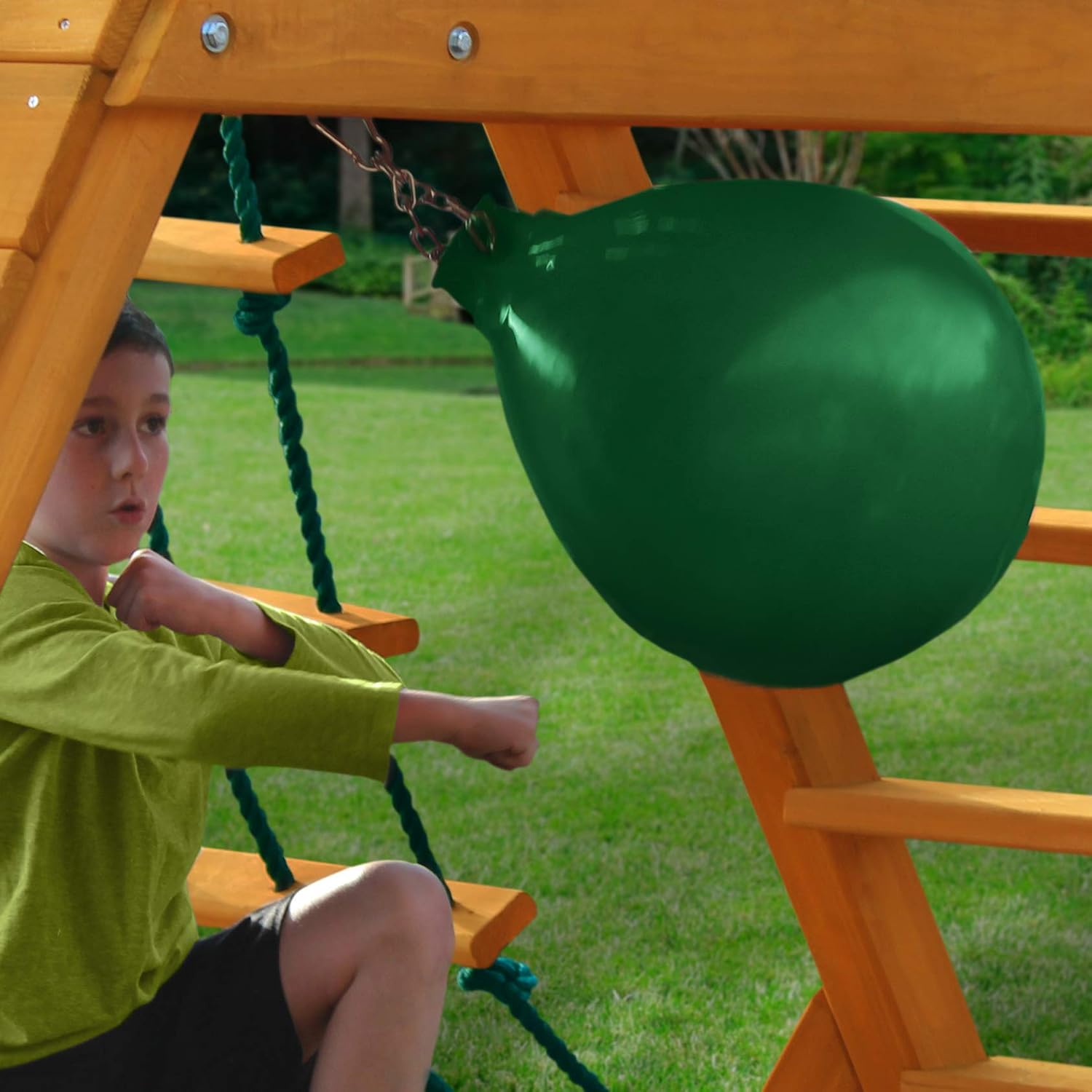 Gorilla Playsets 01-1059-AP High Point Wood Swing Set with Green Vinyl Canopy, Two Swings, Rock Climbing Wall, Slide, Amber