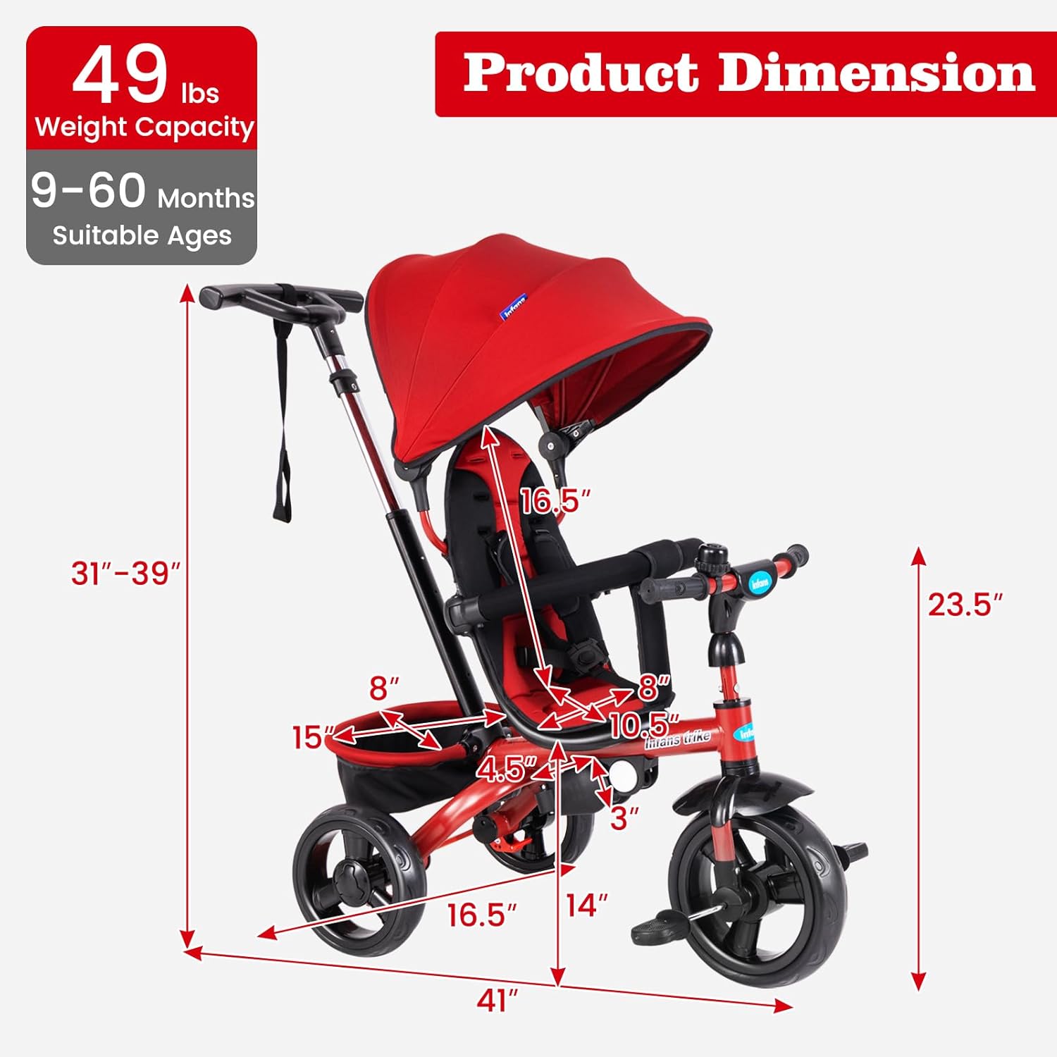 INFANS Kids Tricycle, 6 in 1 Stroll Trike with Adjustable Push Handle, Removable Canopy, Retractable Foot Plate, Lockable Pedal, Detachable Guardrail, Suitable for 10 Months to 5 Years (Blue)