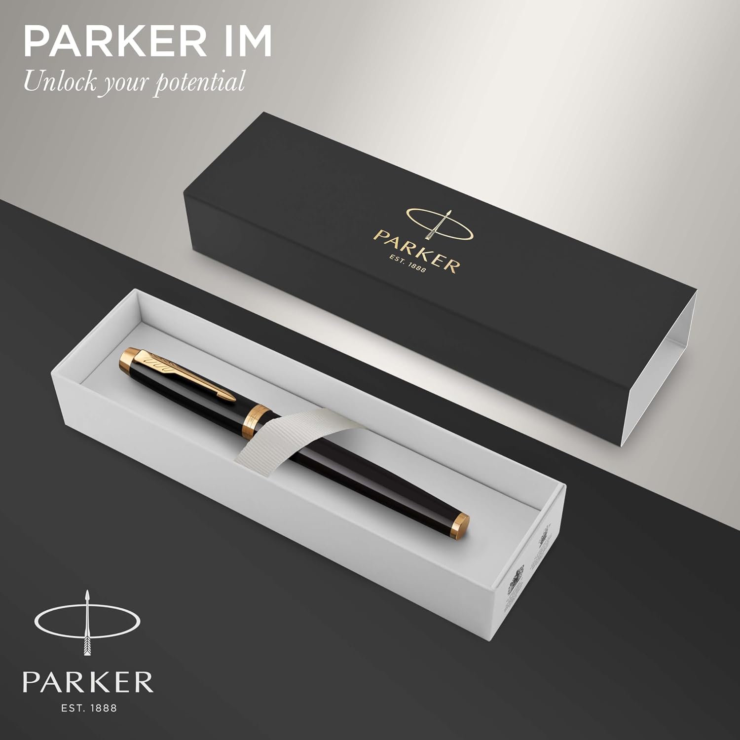 Parker IM Fountain Pen, Black Lacquer with Gold Trim, Fine Nib - Includes Blue Ink Refill and Elegant Gift Box
