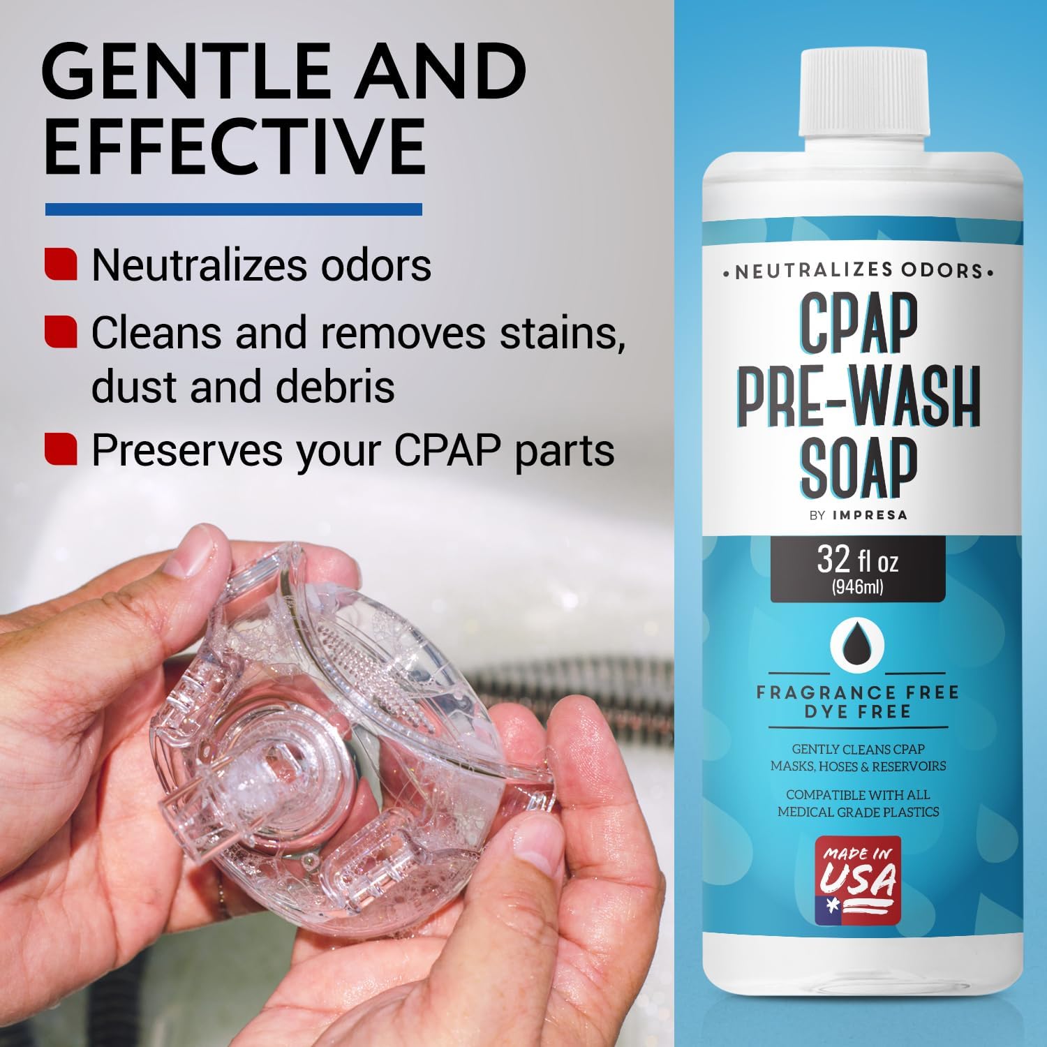 IMPRESA Concentrated CPAP Prewash Soap - 32 Fl Oz - Clear Formula, Unscented Soap - Odor Removal, Respiratory Equipment Cleaner - Gentle on Equipment