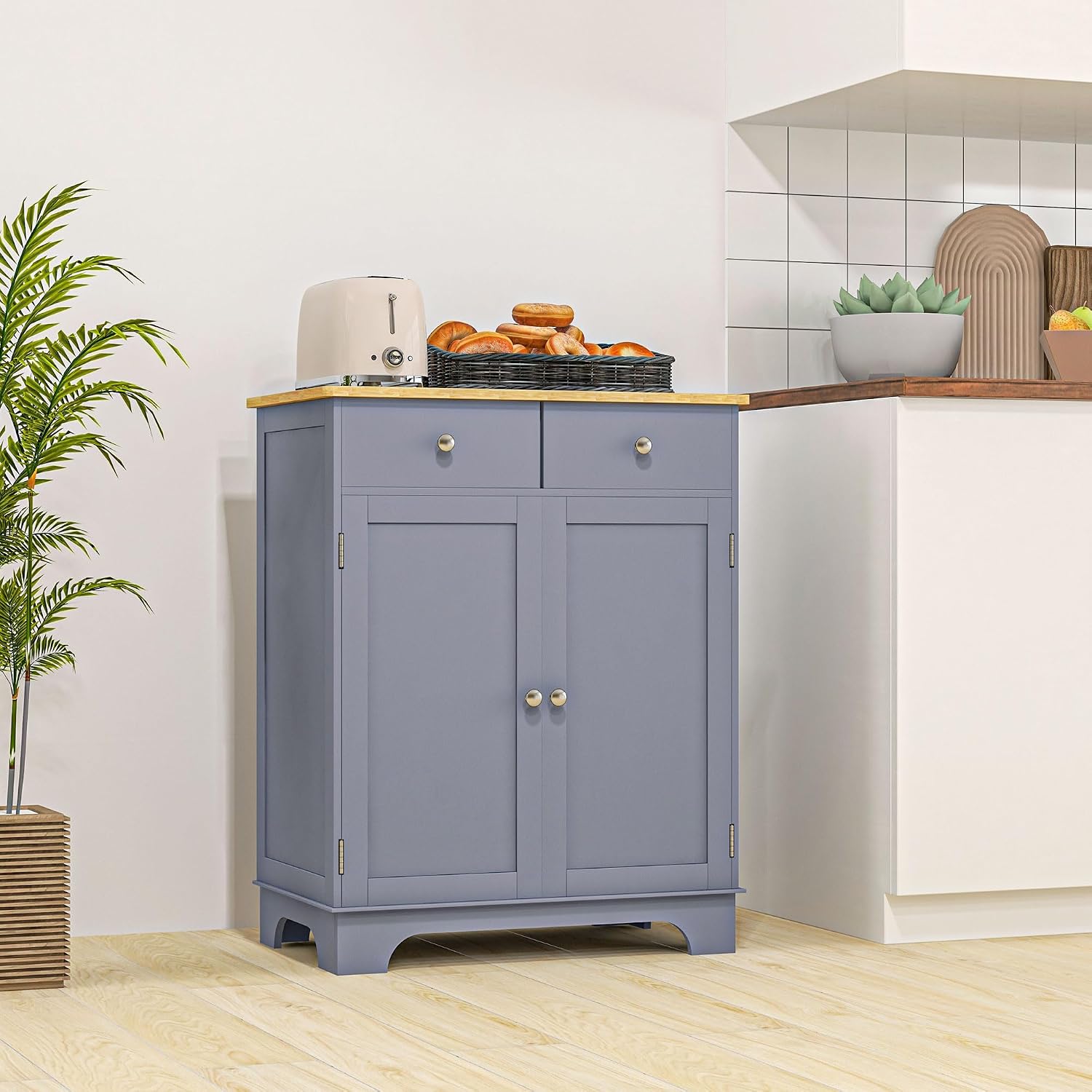 HOMCOM Sideboard Buffet Cabinet Solid Wood Countertop White