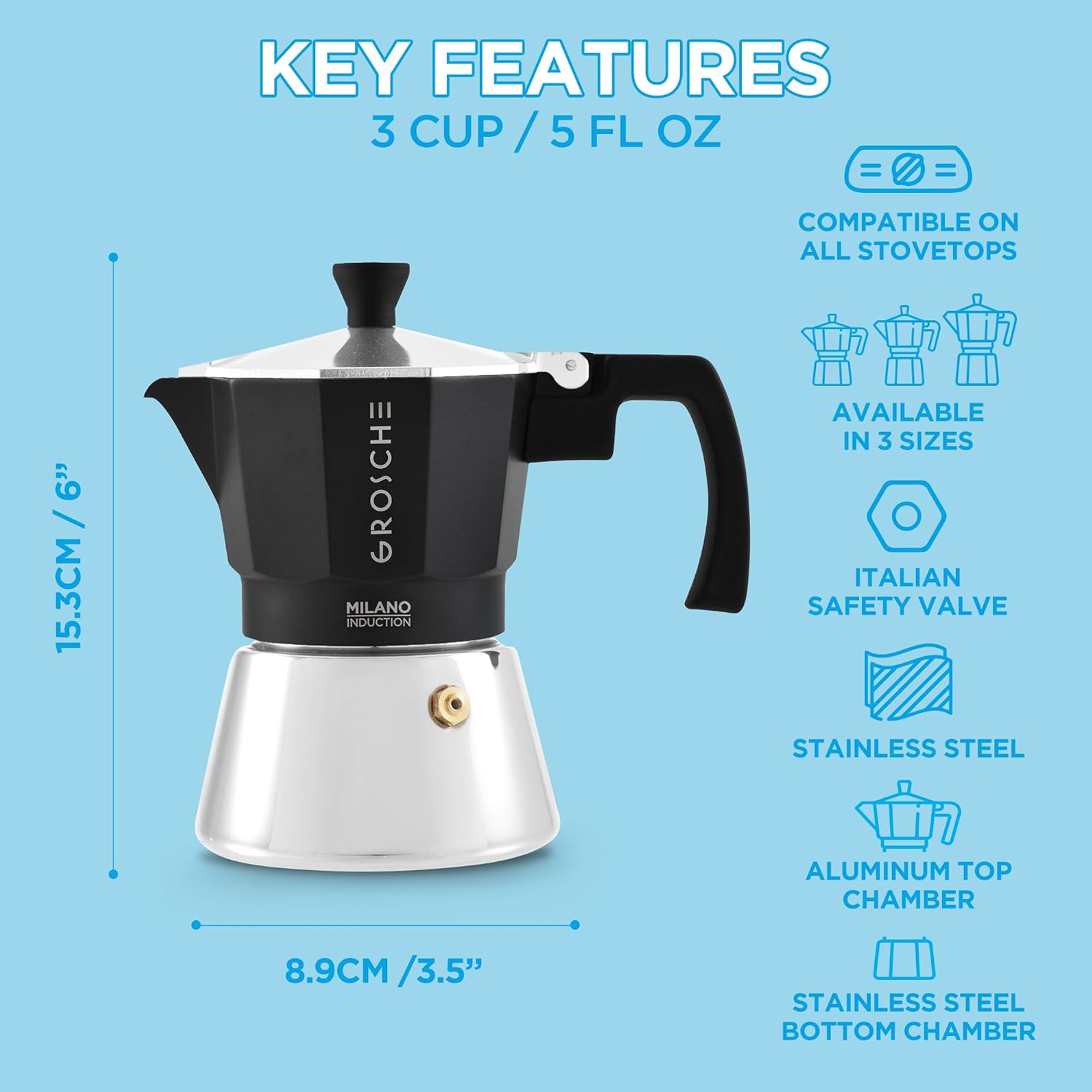 GROSCHE Milano Moka Pot | 9 Espresso Cup - 15.2 oz | Stovetop Espresso Percolator & Coffee Maker – Portable, Ideal for Home and Camping | Cuban Coffee Maker And Italian Moka Pot For Stovetop Espresso; For Gas, Electric, And Propane Stoves With A Soft-Tou…
