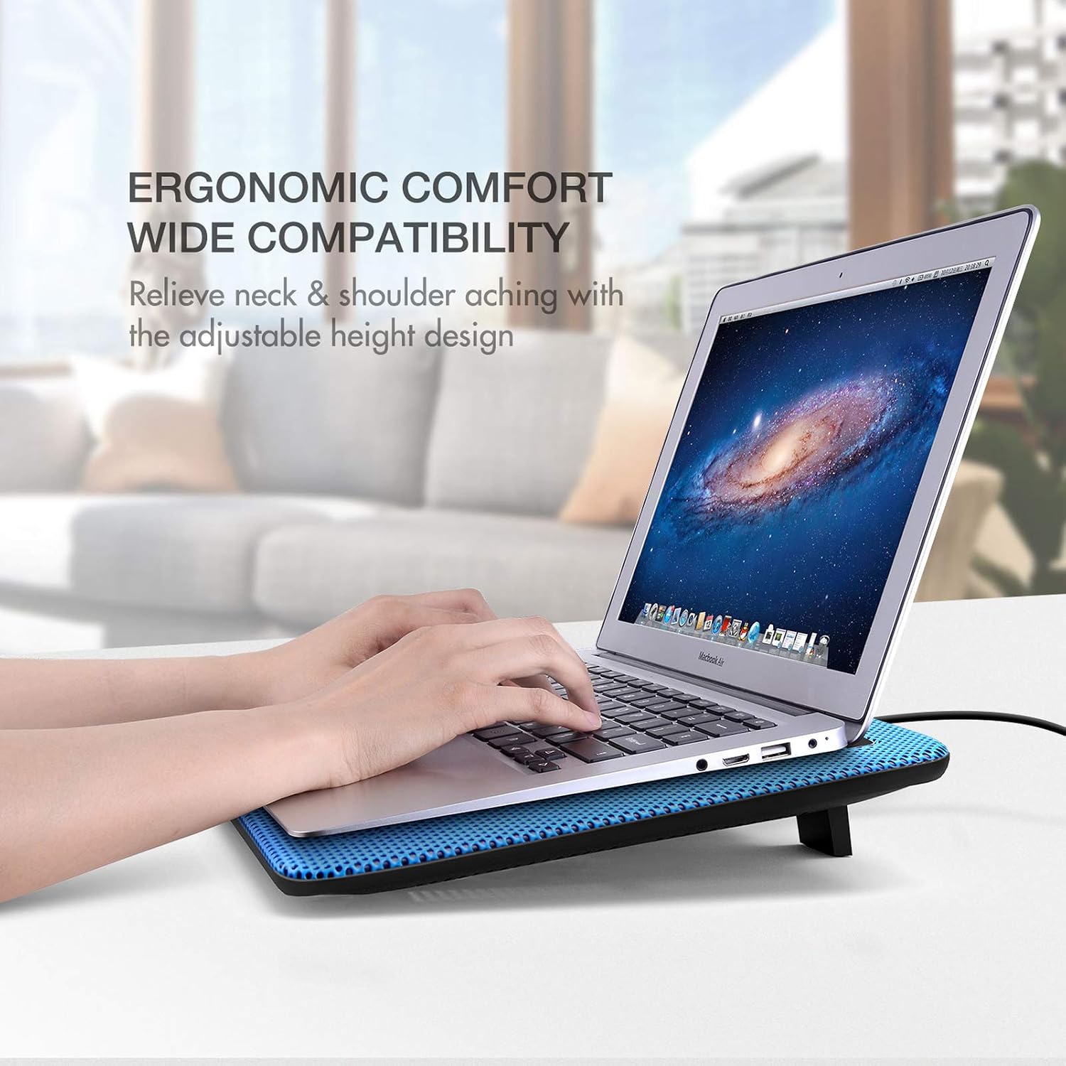 havit HV-F2056 15.6"-17" Laptop Cooler Cooling Pad - Slim Portable USB Powered (3 Fans), Black/Blue | Three quiet USB-powered fans circulate air below the laptop, two height settings improve viewing and typing comfort