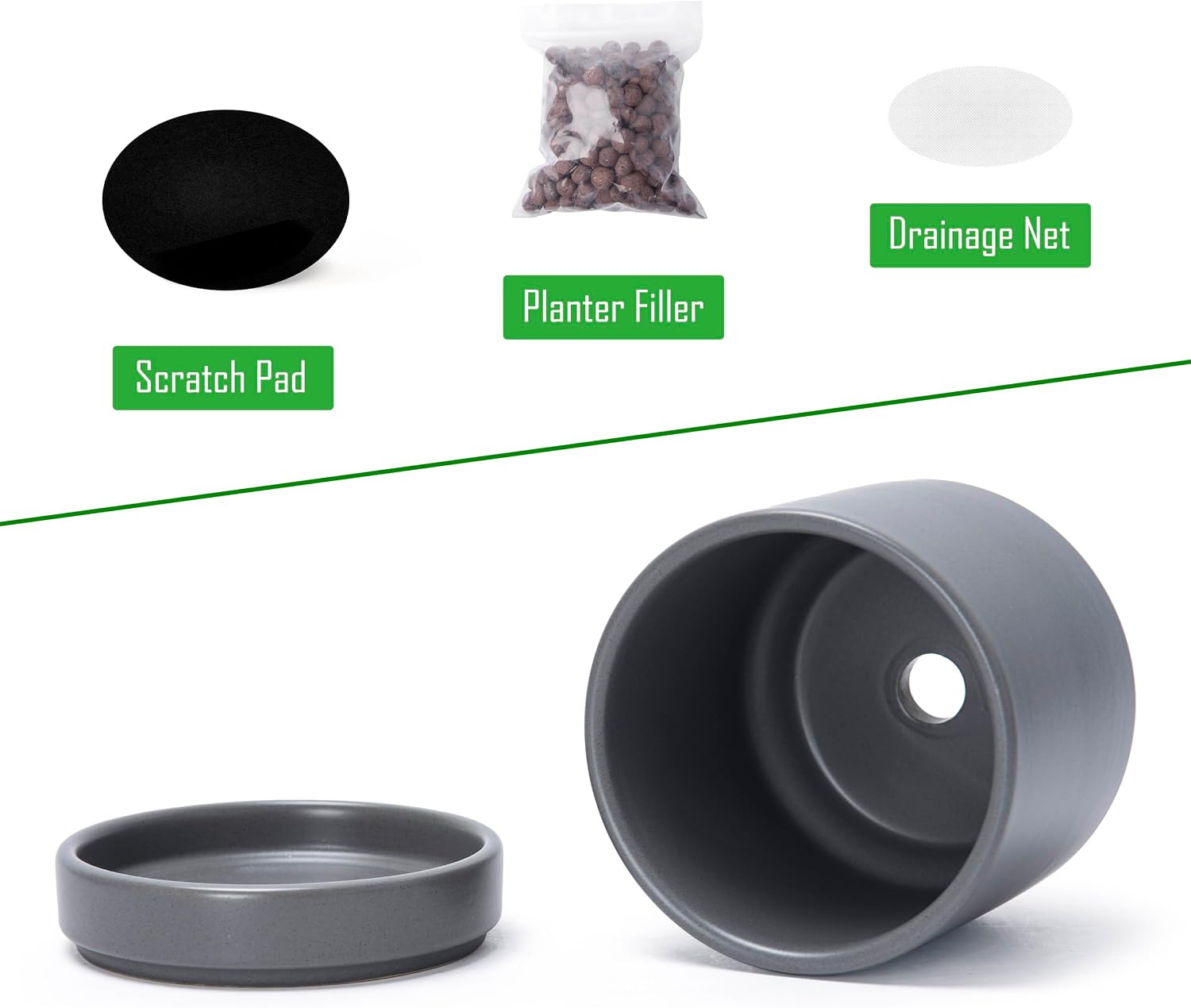 D'vine Dev 2-Pack Ceramic Pots with Saucers, White/Grey, 4.7 in, 94-V-B-6