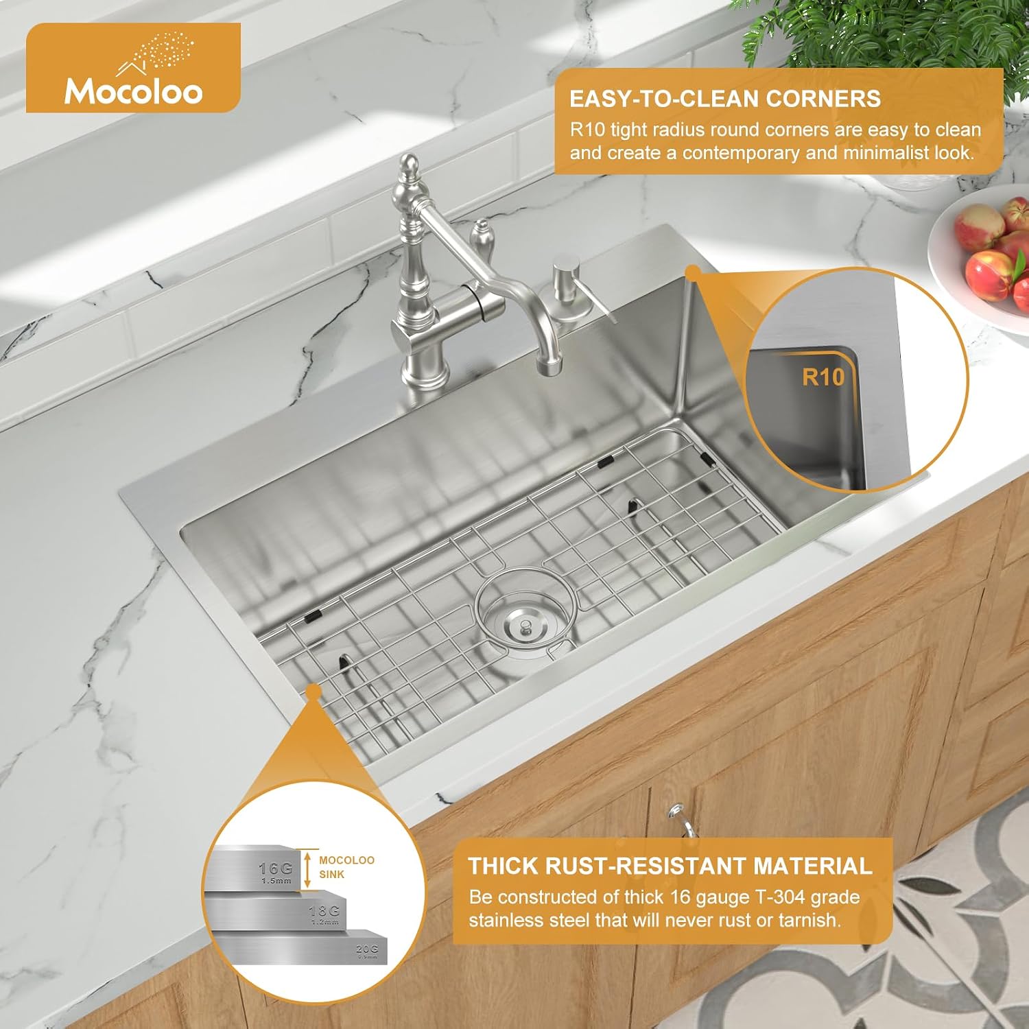 Mocoloo 13 Inch Drop in Bar Sink - 13" x 15" Small Kitchen Sink T304 Stainless Steel Handmade Single Bowl Round Corner Topmount Wet Bar Sink for