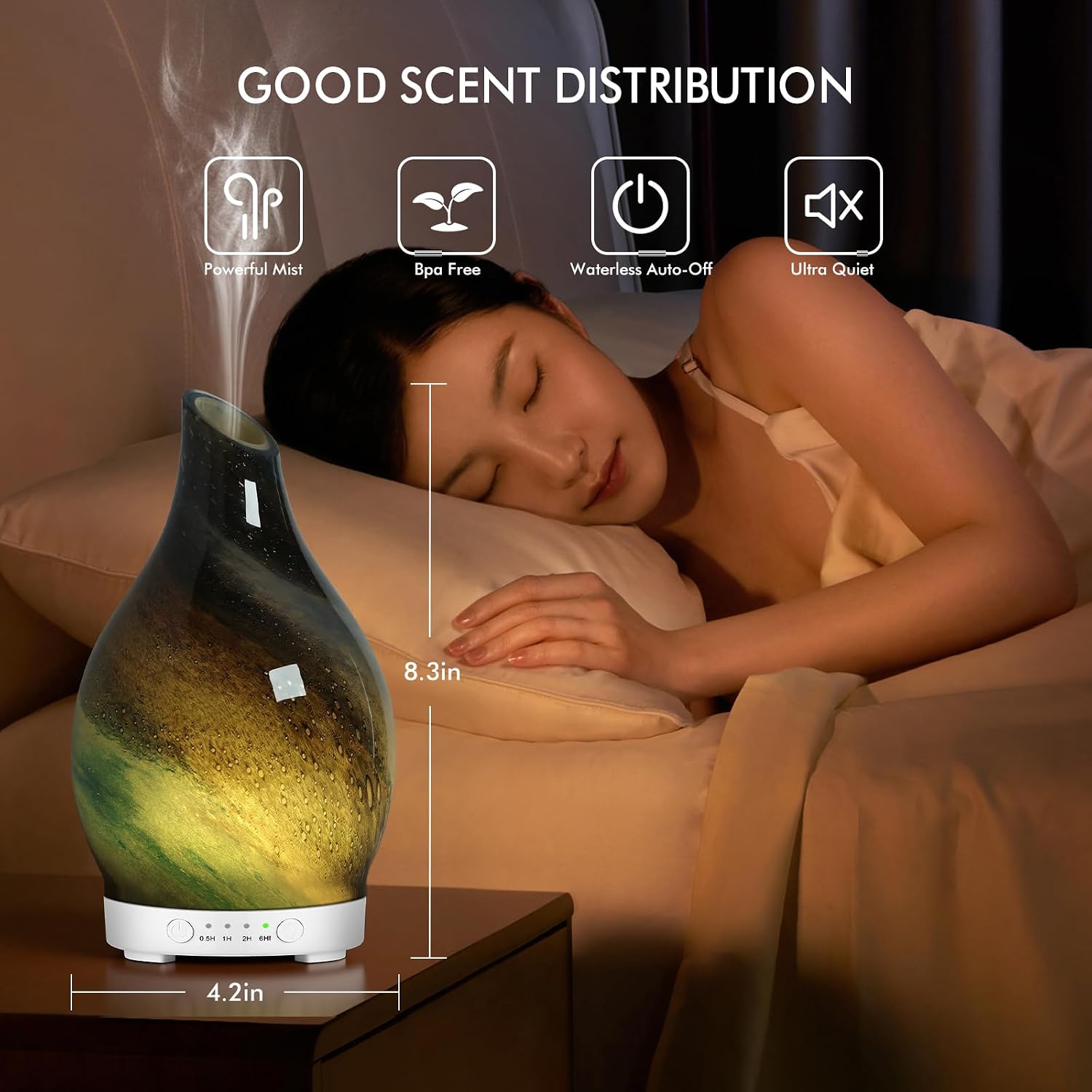 Aromatherapy Essential Oil Diffuser for Home- Art Glass Diffuser for Essential Oils with Waterless Auto Shut-Off 4 Timer 7 Colors LED Night Light