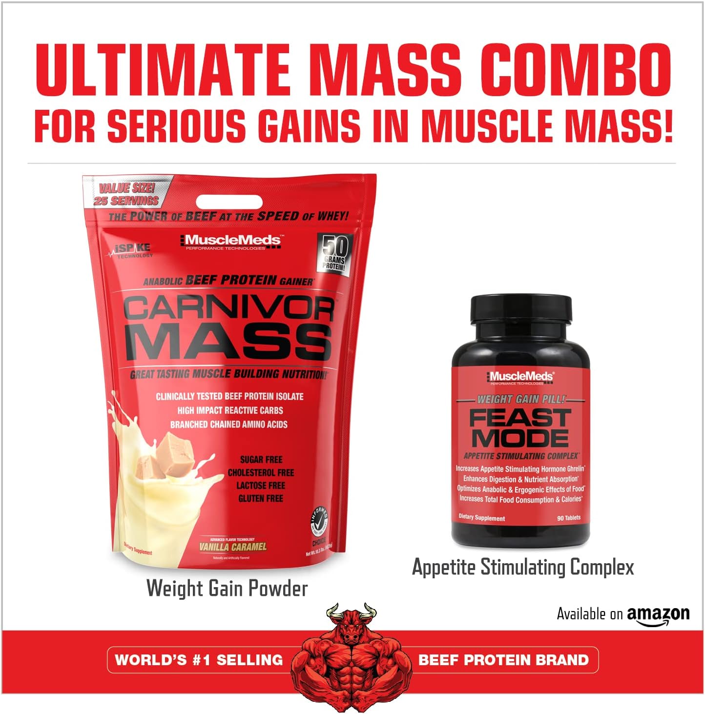 MuscleMeds CARNIVOR Mass Gainer Beef Protein Isolate Shake, 50 Grams Protein, 125 Grams Carbs, 0 Fat, 0 Sugar, Lactose Free, Halal Certified, Chocolate Peanut Butter, 6 Pound