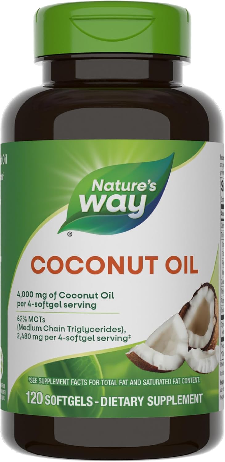 Nature's Way Coconut Oil Softgels, 4, 000 mg Coconut Oil per Serving, 120 ct | 62% MCTs(1), Hexane-Free, Gluten-Free