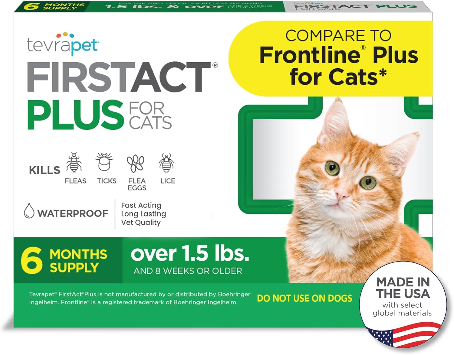 TevraPet FirstAct Plus Flea and Tick Topical for Cats over 1.5lbs, 3 Dose Waterproof Flea and Tick Control/Prevention for 3 Months