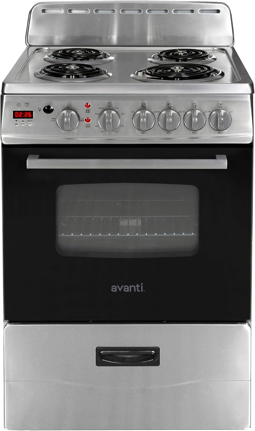 Avanti Compact Series Electric Range Oven with Framed Glass Door, 4 Coil Burners for Flexible Cooking, Pull-Out Storage Drawer, 2.6 Cu.Ft.