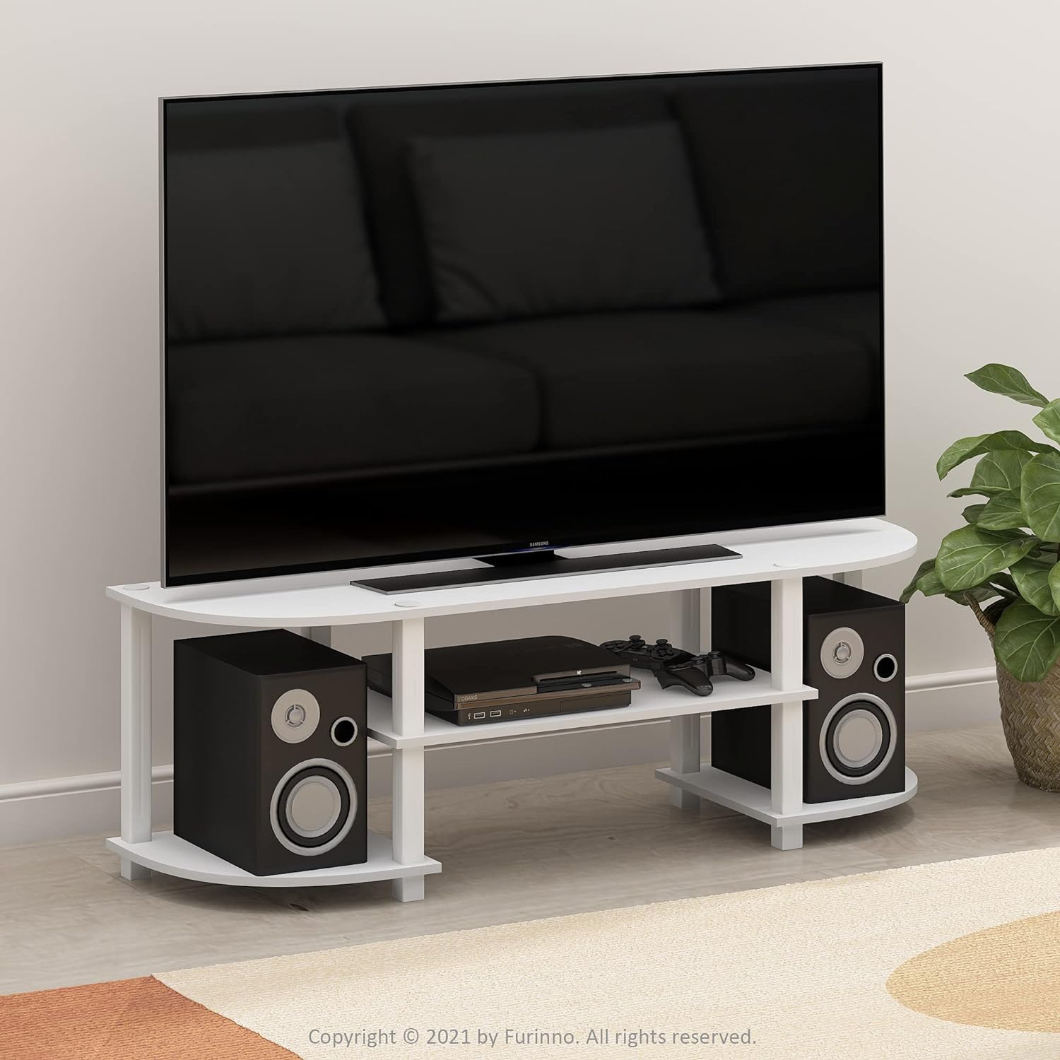 Furinno TURN-S-TUBE 3-Tier TV Stand for TVs up to 55 Inch, French Oak | Toolless Entertainment Center with Open Storage Shelves, Media Console Table with Soundbar Shelf for Living Room, Bedroom
