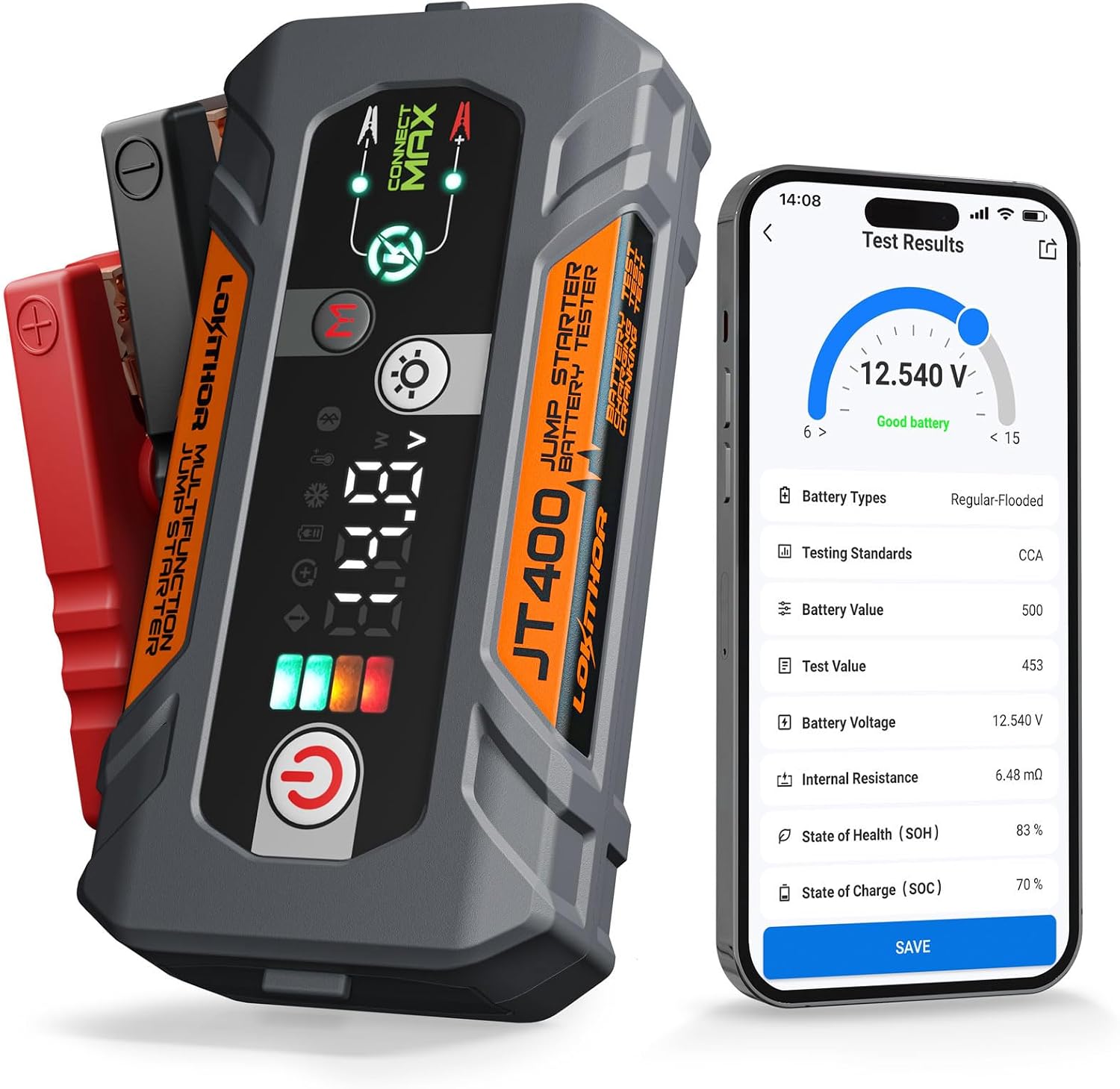 LOKITHOR JT400 2500A Portable Jump Starter with 100–2000 CCA Battery Tester, 12V Car Battery Jump Starter for Up to 8.5L Gas or 6.5L Diesel Engines, Smart Bluetooth Automotive Battery Load Tester
