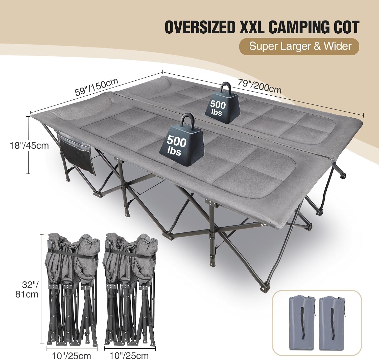 REDCAMP Oversized Camping Cots for Adults 500lbs, 33.5'' Extra Wide Tall Sleeping Cots Heavy Duty, XL Cots Portable for Outdoor Indoor Office