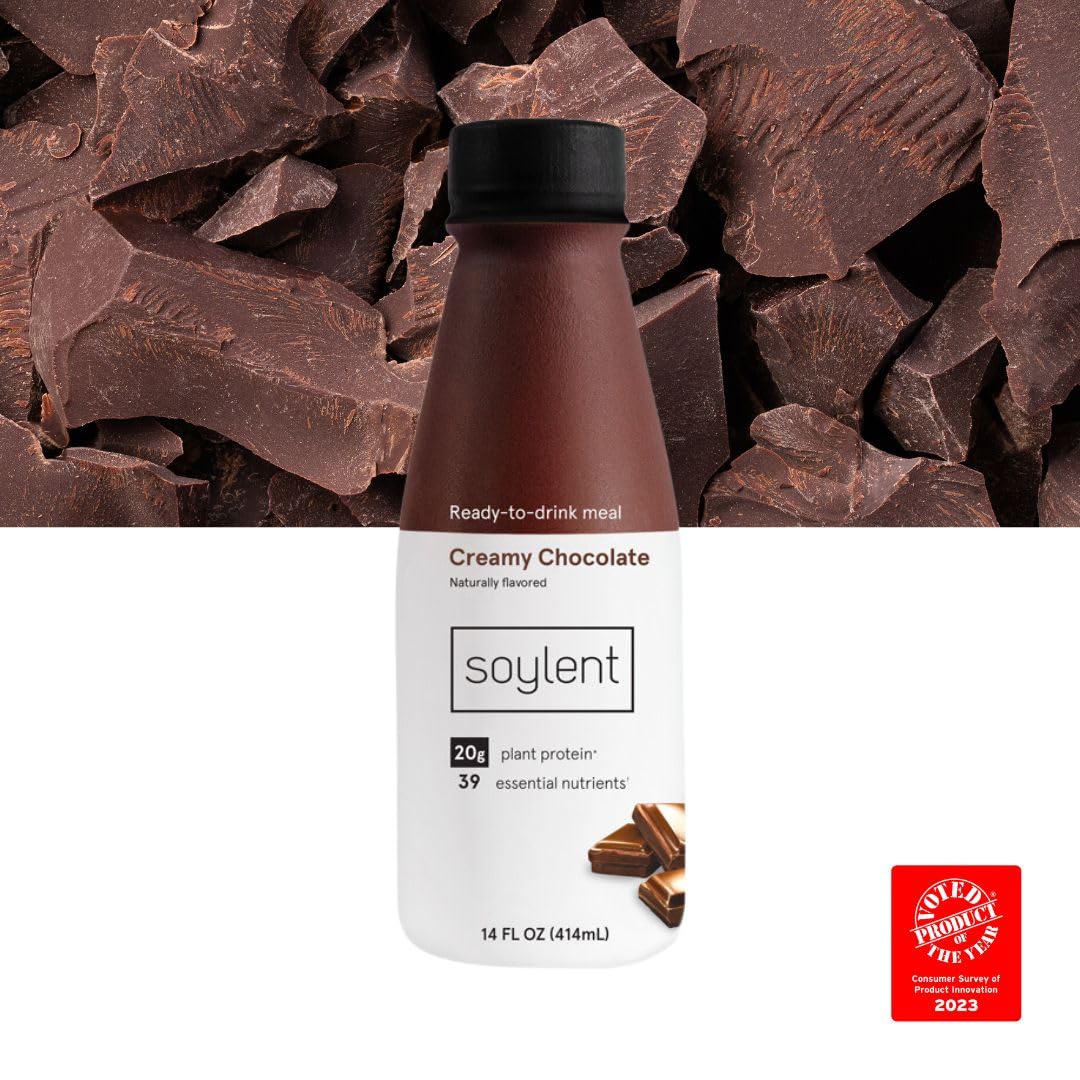 Soylent Creamy Chocolate Meal Replacement Shake, Ready-to-Drink Plant Based Protein Drink, Contains 20g Complete Vegan Protein and 1g Sugar, 14oz