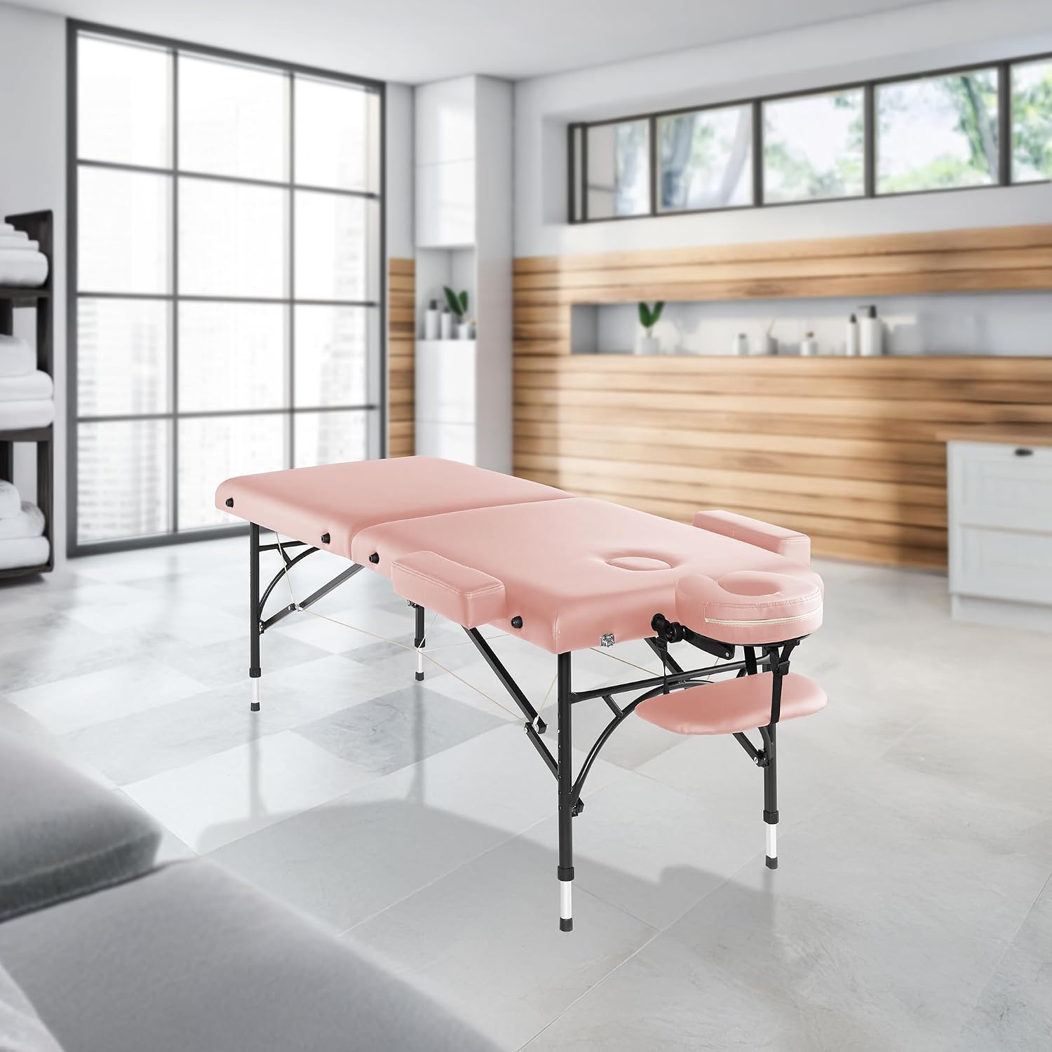 Saloniture Professional Portable Lightweight Bi-Fold Massage Table with Aluminum Legs - Includes Headrest, Face Cradle